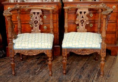 Rare Pair of Antique Scottish Carved Walnut Renaissance Style Corner Chairs