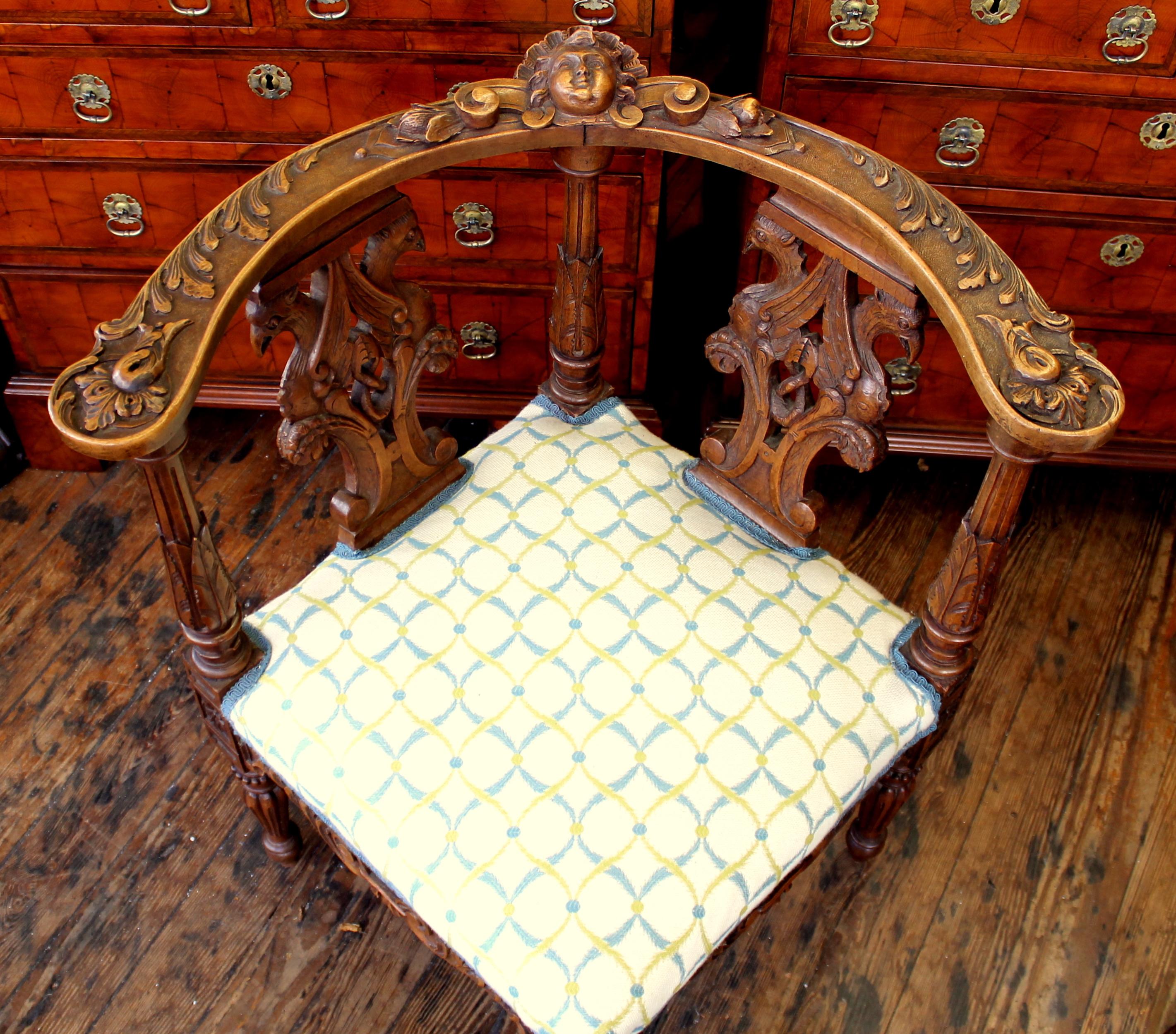 19th Century Rare Pair of Antique Scottish Carved Walnut Renaissance Style Corner Chairs