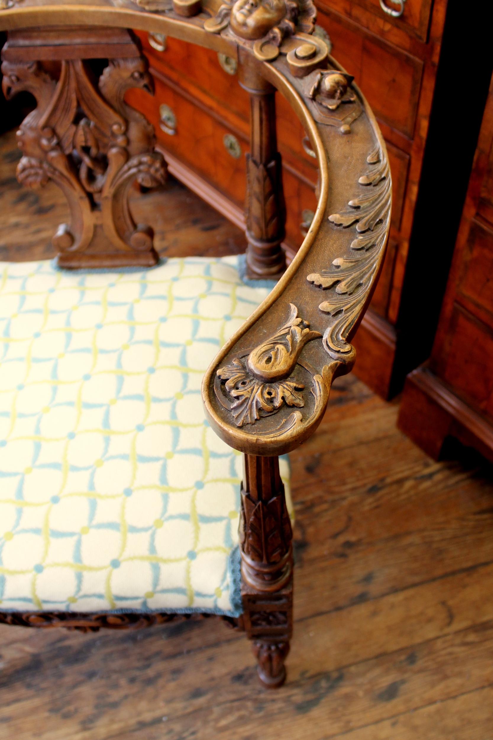 Rare Pair of Antique Scottish Carved Walnut Renaissance Style Corner Chairs 2
