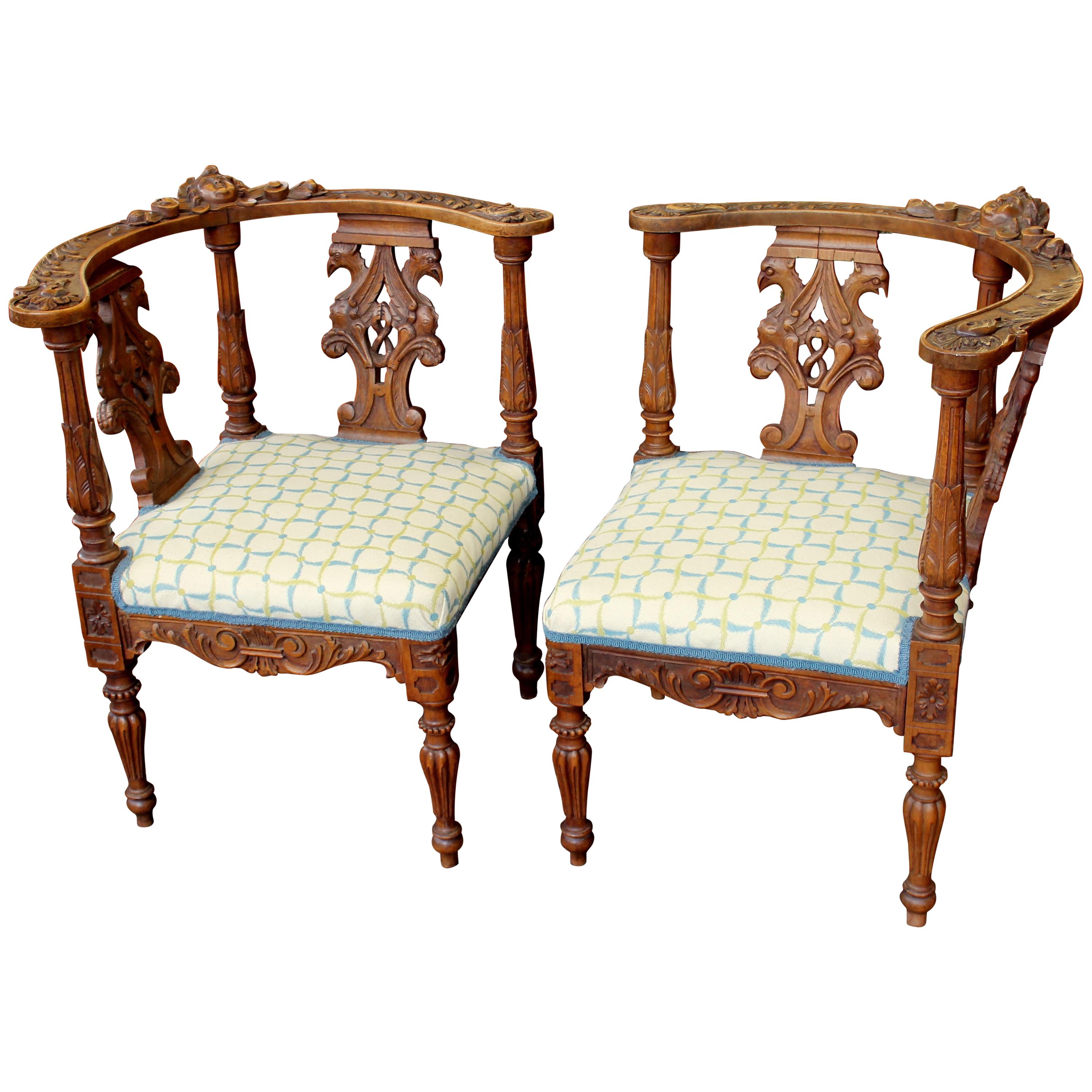 Rare Pair of Antique Scottish Carved Walnut Renaissance Style Corner Chairs