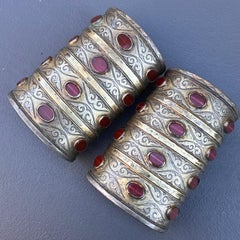 Antique Turkoman Tribal Cuff Bracelets Rare Pair with Glass Inlay