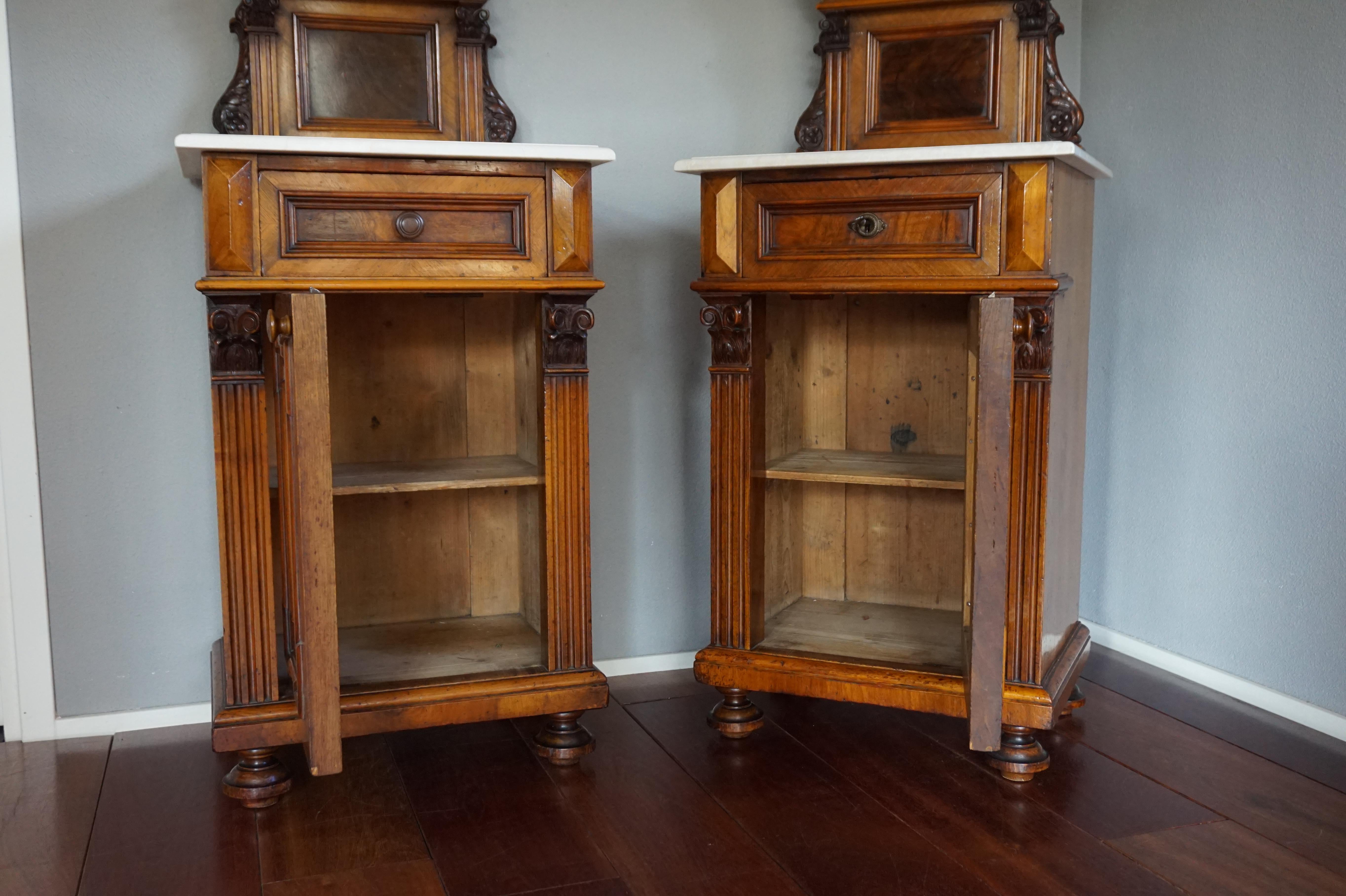19th Century Rare Pair of Antique Victorian Night Stands / Bedside Cabinets with Marble Tops