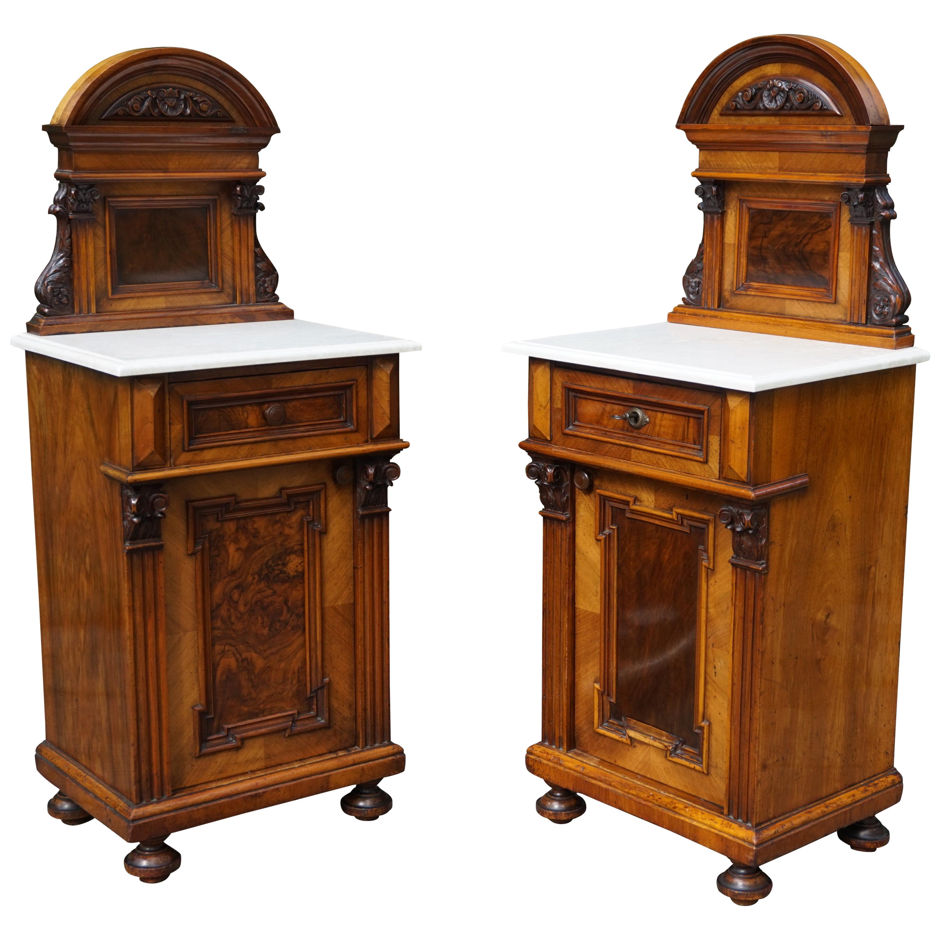 Rare Pair of Antique Victorian Night Stands / Bedside Cabinets with Marble Tops