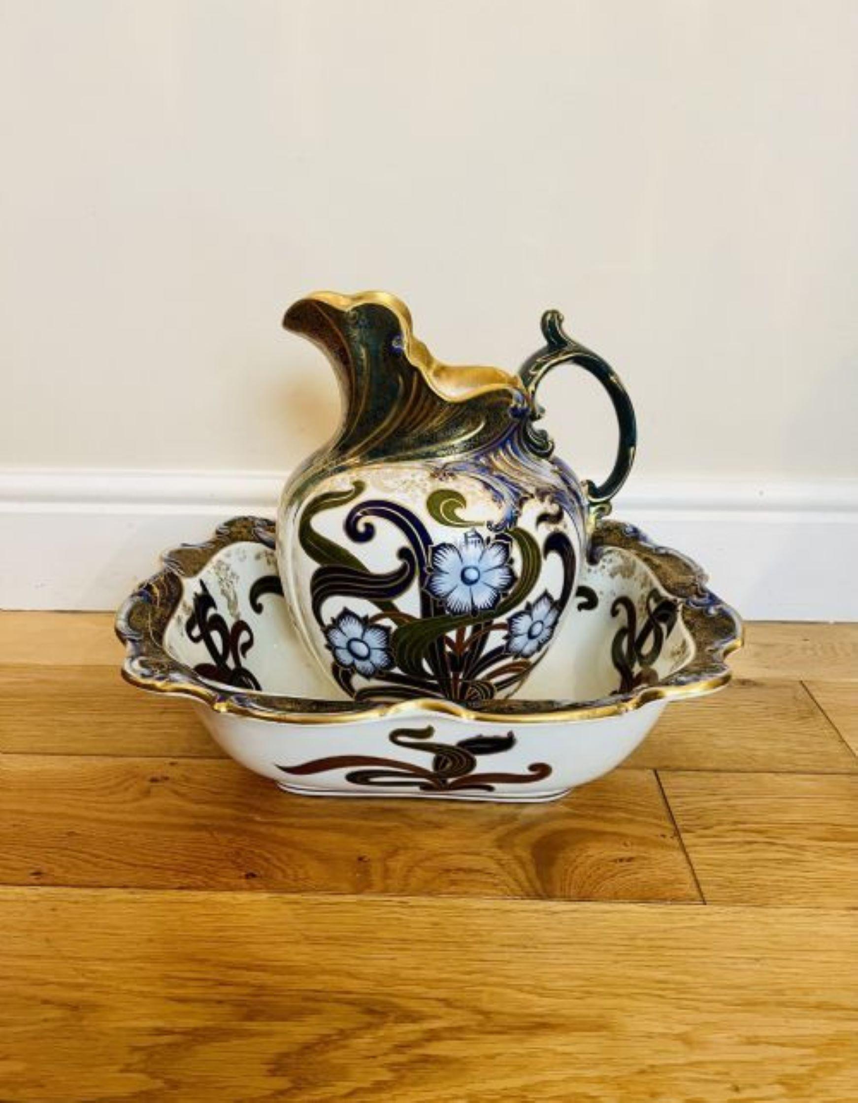 Rare pair of antique Victorian quality Doulton Burslem jug & bowl set consisting of two large jugs, two large bowls, a soap dish, bowl and a vase with fantastic Art Nouveau decoration with stylised flowers and raised gold gilt and scroll boarders in