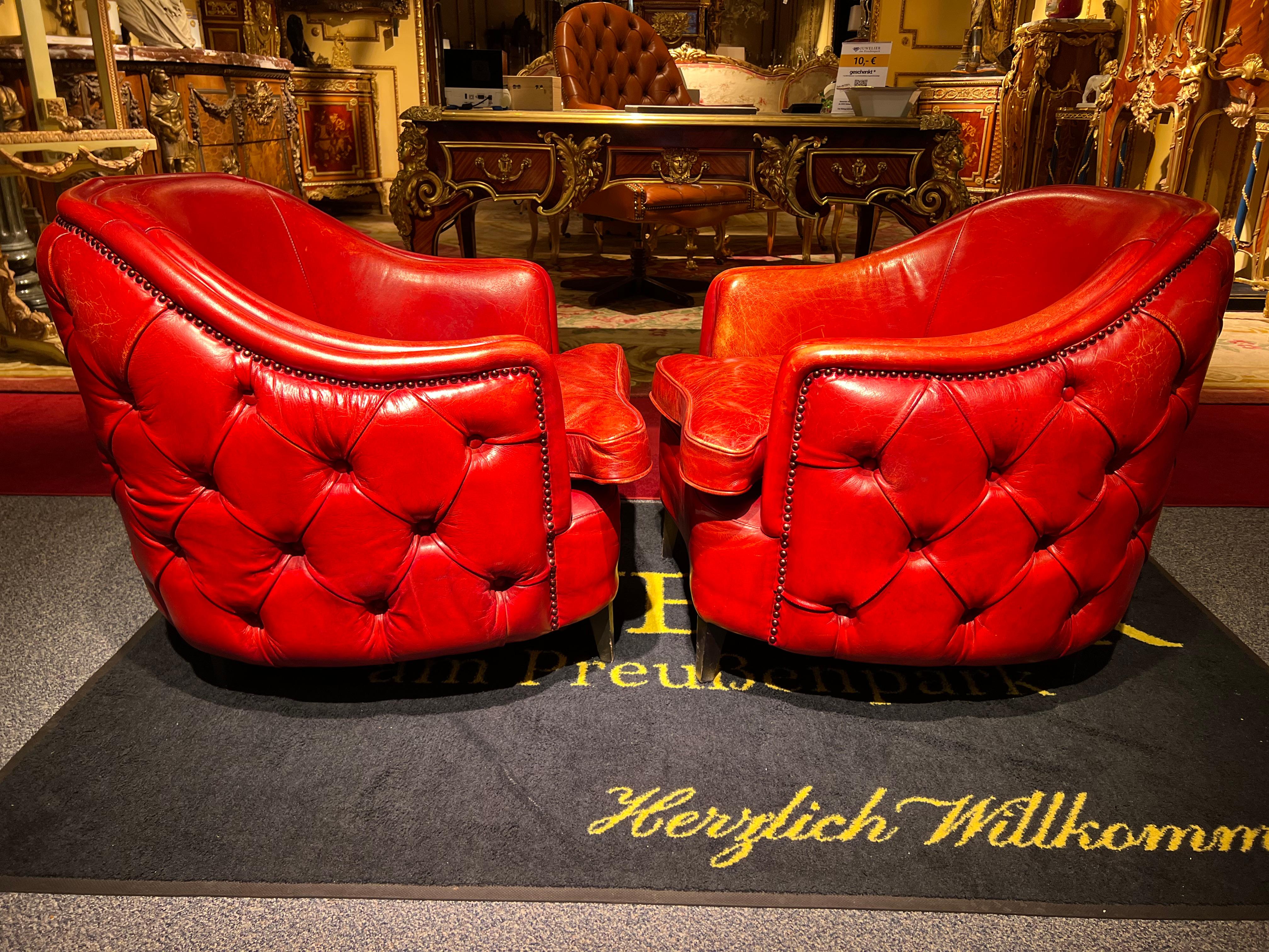 Rare Pair of Antique Vintage Chesterfield Armchairs in Oxblood red leather 12