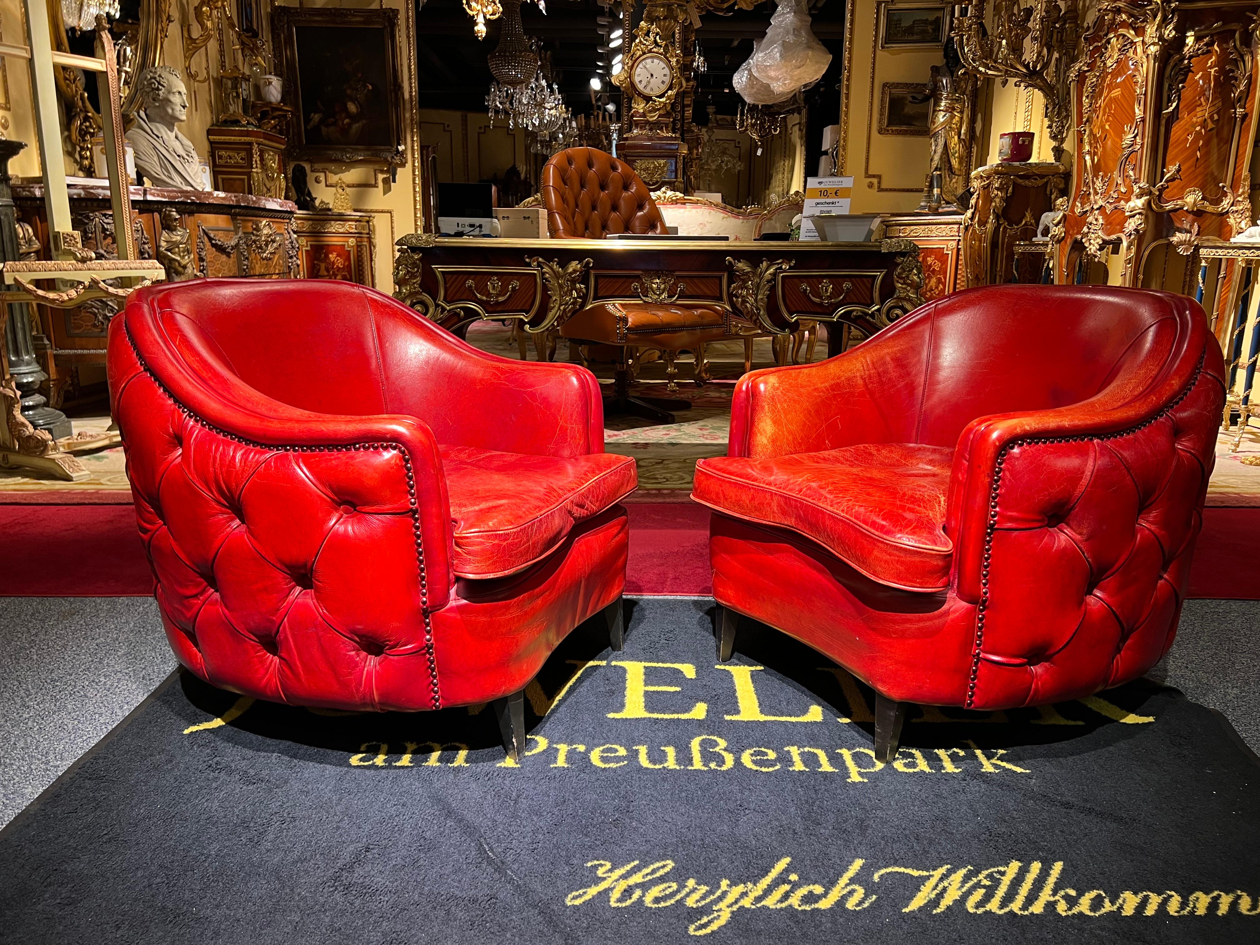 We are delighted to offer for sale this lovely original hand dyed Oxblood Red leather Chesterfield club armchairs

A good looking and iconic piece of English furniture. Known the world over as one of the most sophisticated club armchairs ever