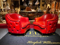 Rare Pair of Antique Vintage Chesterfield Armchairs in Oxblood red leather