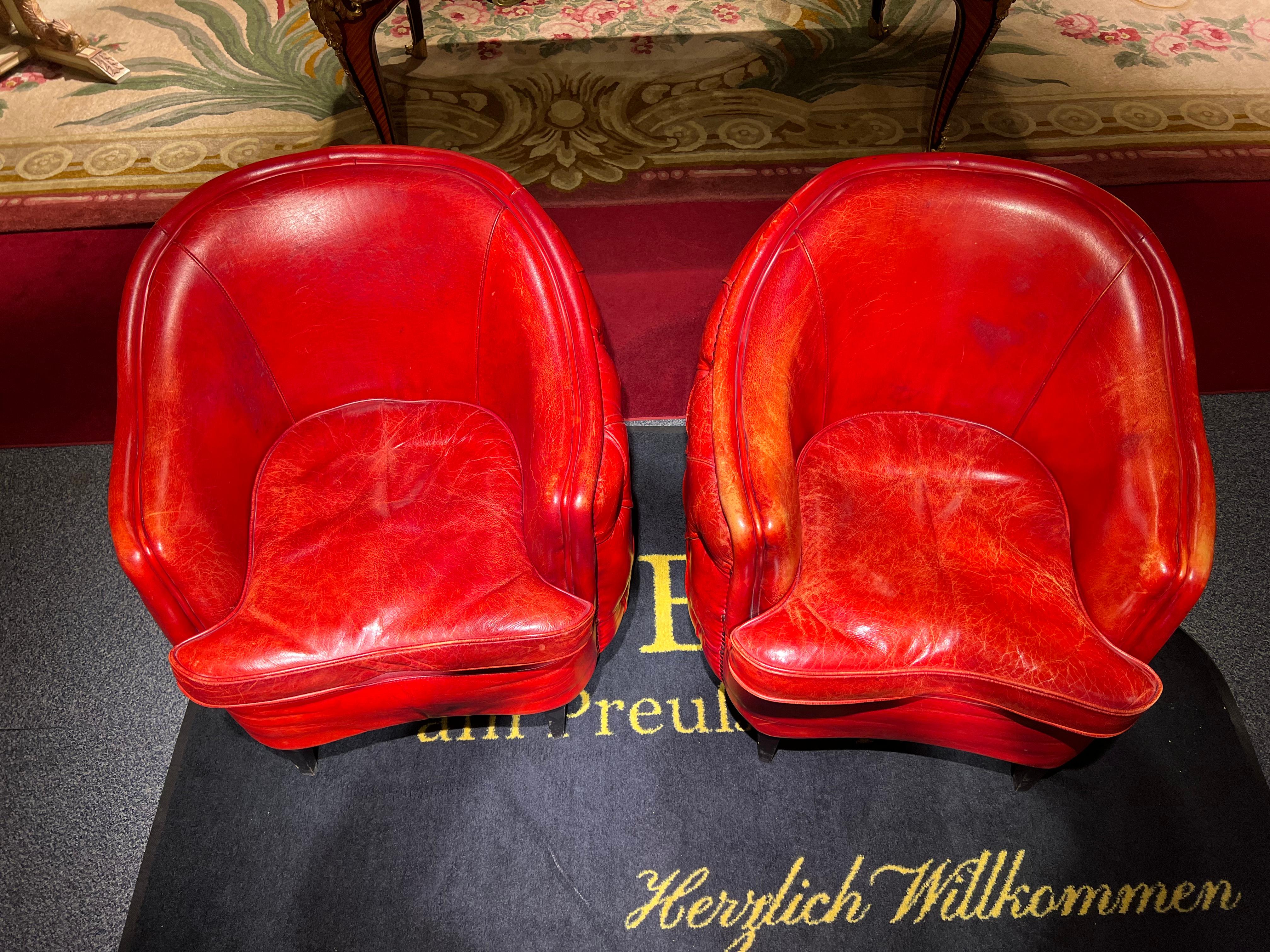 20th Century Rare Pair of Antique Vintage Chesterfield Armchairs in Oxblood red leather