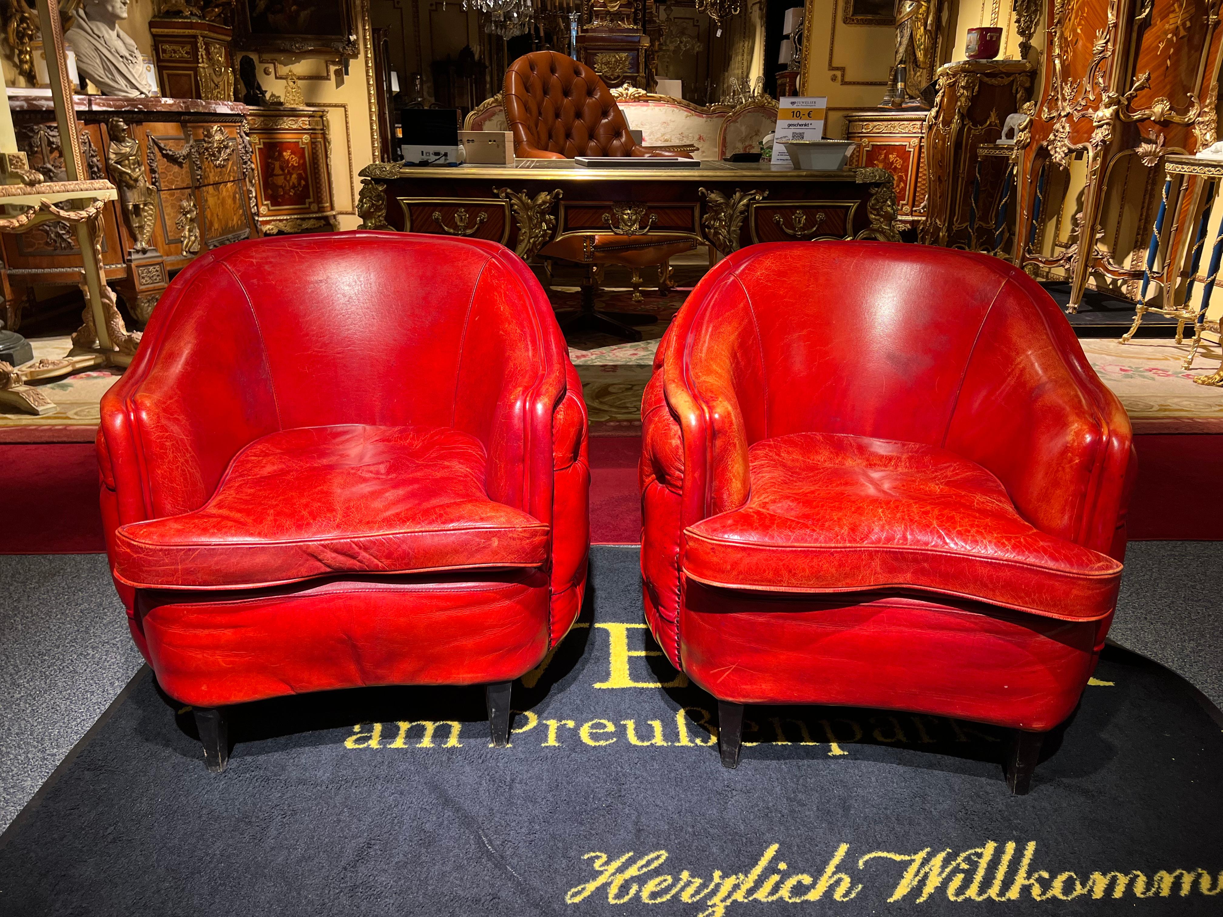 Rare Pair of Antique Vintage Chesterfield Armchairs in Oxblood red leather 1
