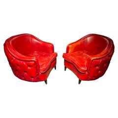 Rare Pair of Antique Vintage Chesterfield Armchairs in Oxblood red leather