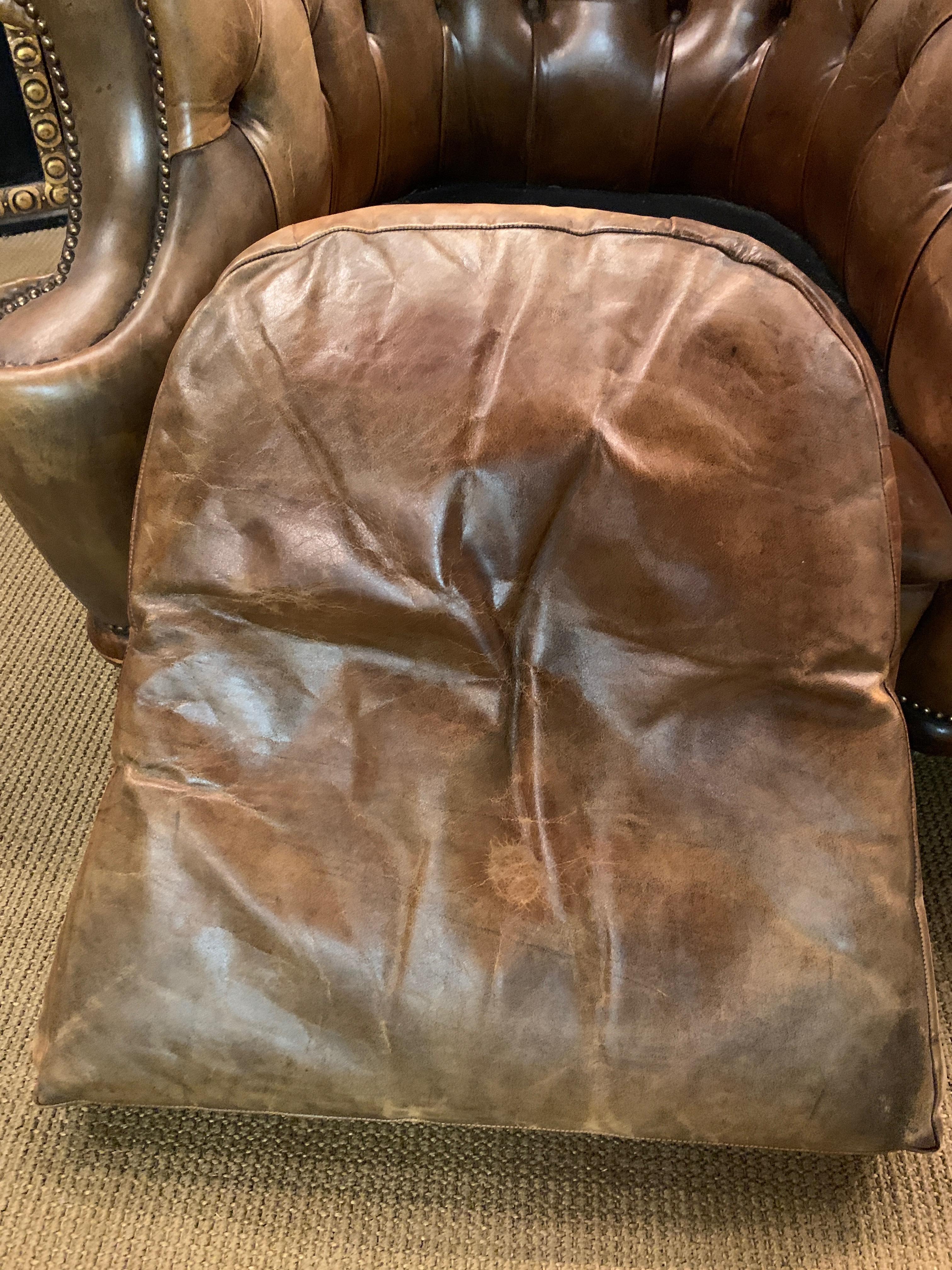 Rare Pair of Antique Vintage Chesterfield Armchairs with Horsehair in Brown 4