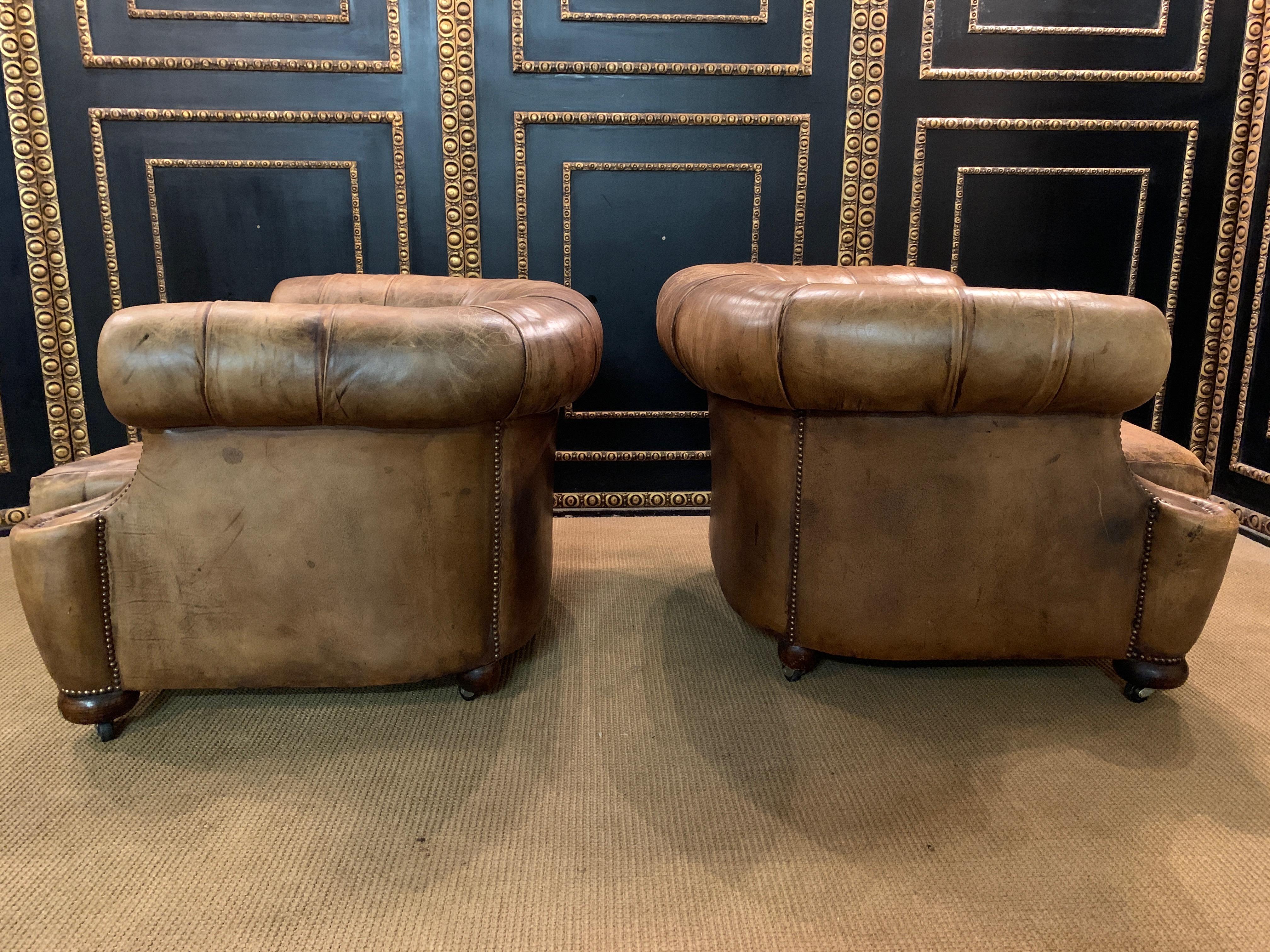 Rare Pair of Antique Vintage Chesterfield Armchairs with Horsehair in Brown 5