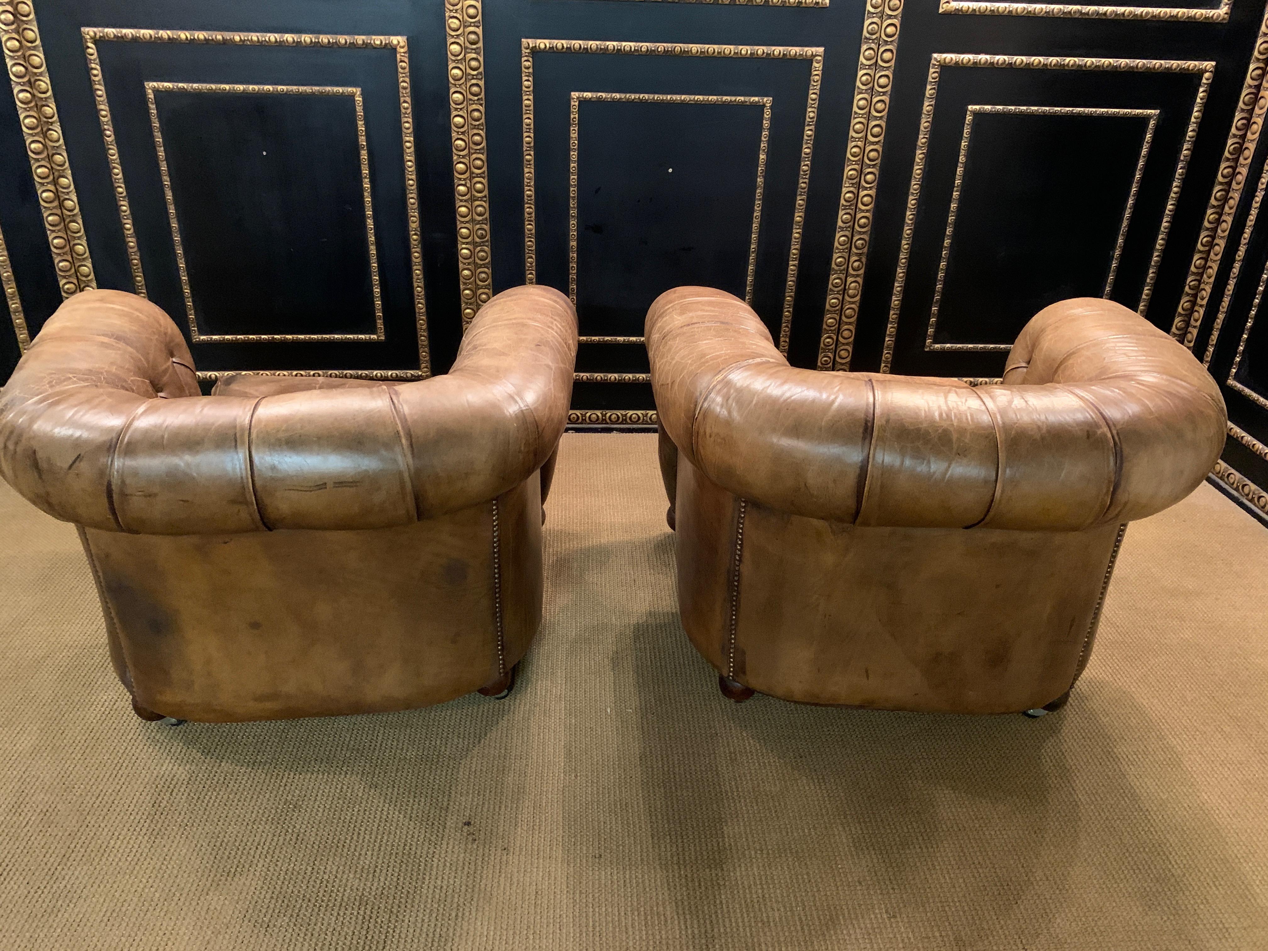 Rare Pair of Antique Vintage Chesterfield Armchairs with Horsehair in Brown 6