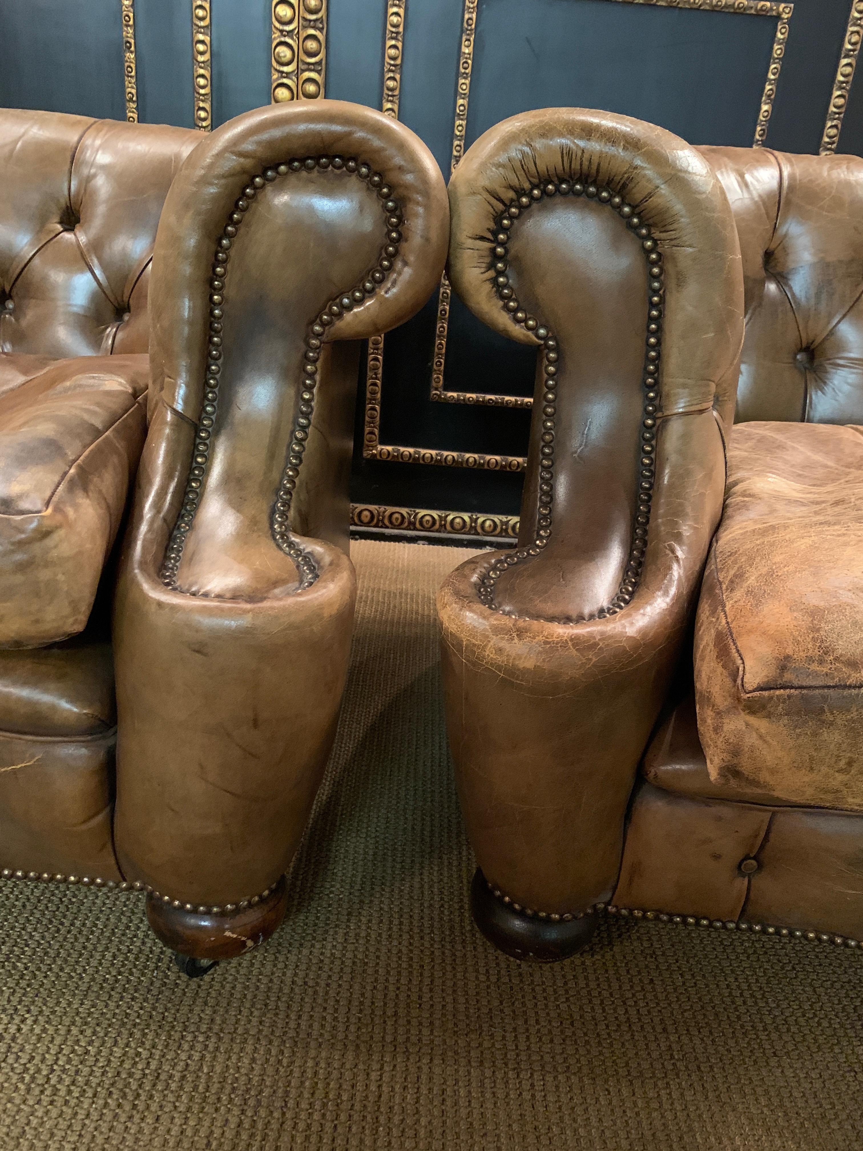 Rare Pair of Antique Vintage Chesterfield Armchairs with Horsehair in Brown 9