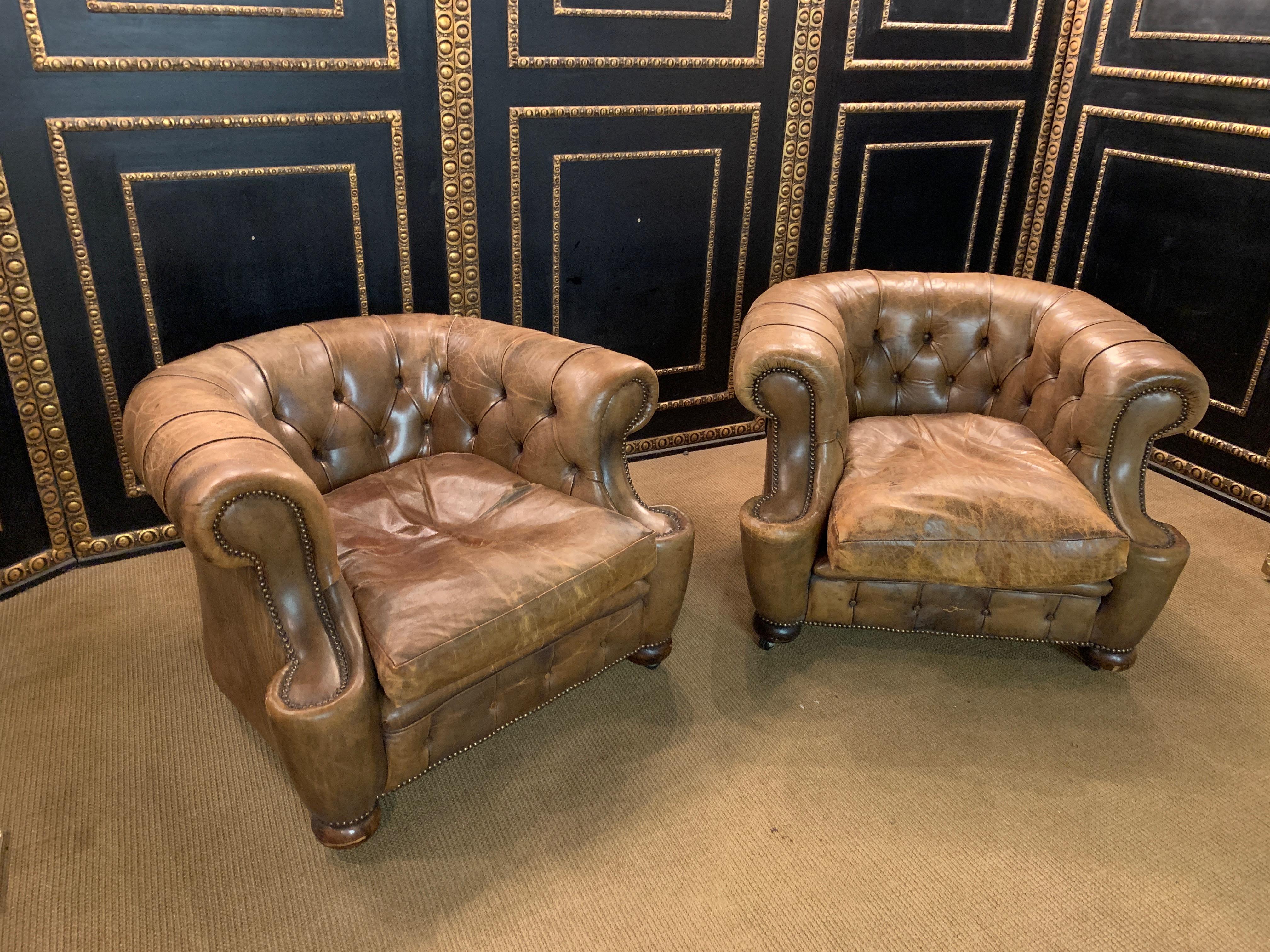 We are delighted to offer for sale this lovely original circa 1930s hand dyed cigar brown leather Chesterfield club armchairs

A good looking and iconic piece of English furniture. Known the world over as one of the most sophisticated club