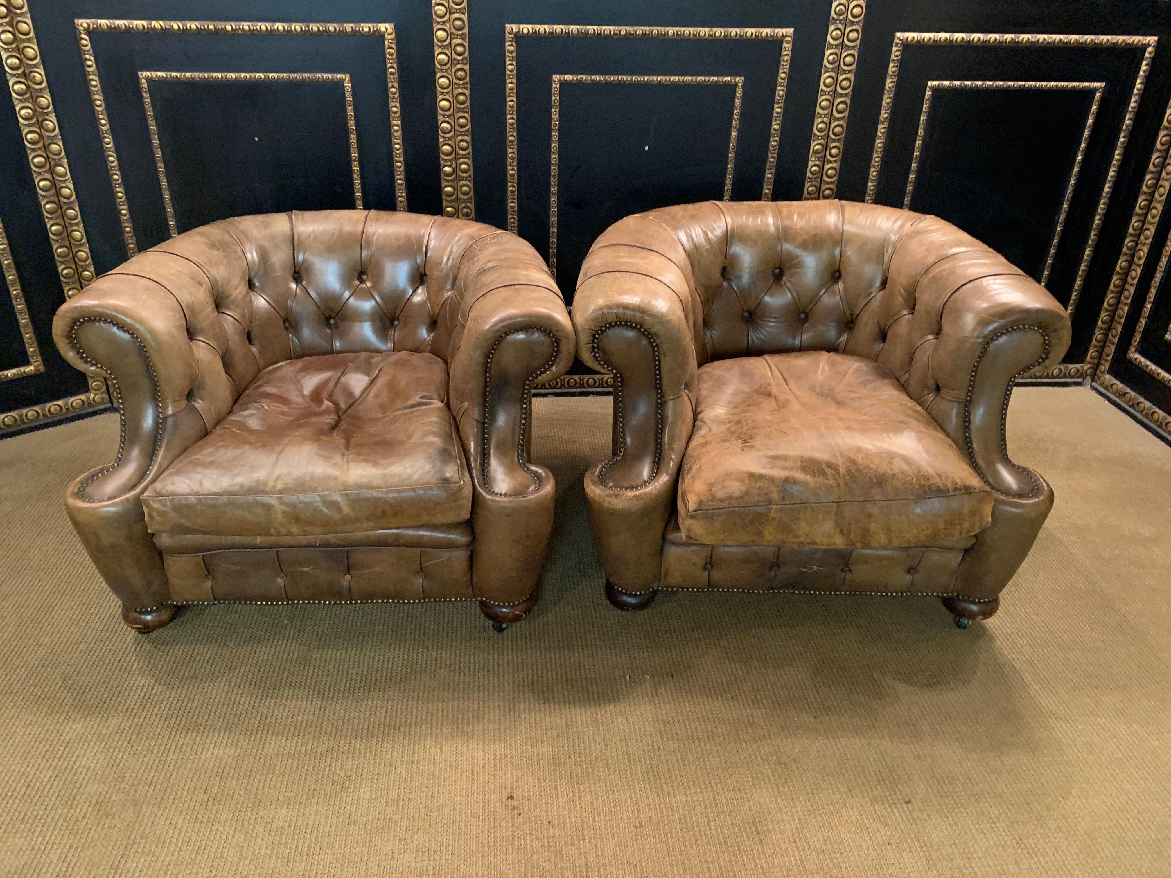 20th Century Rare Pair of Antique Vintage Chesterfield Armchairs with Horsehair in Brown