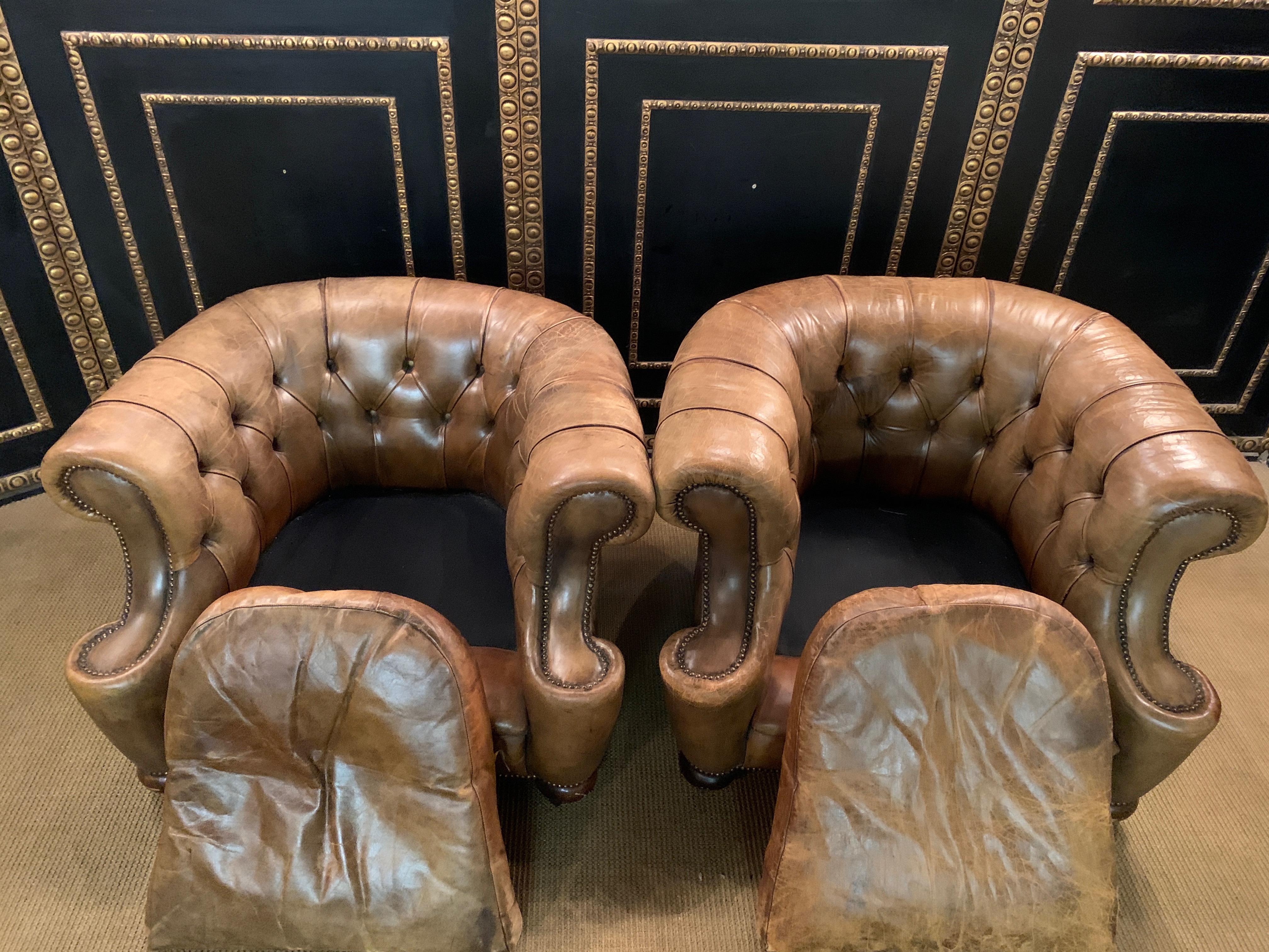 Rare Pair of Antique Vintage Chesterfield Armchairs with Horsehair in Brown 1
