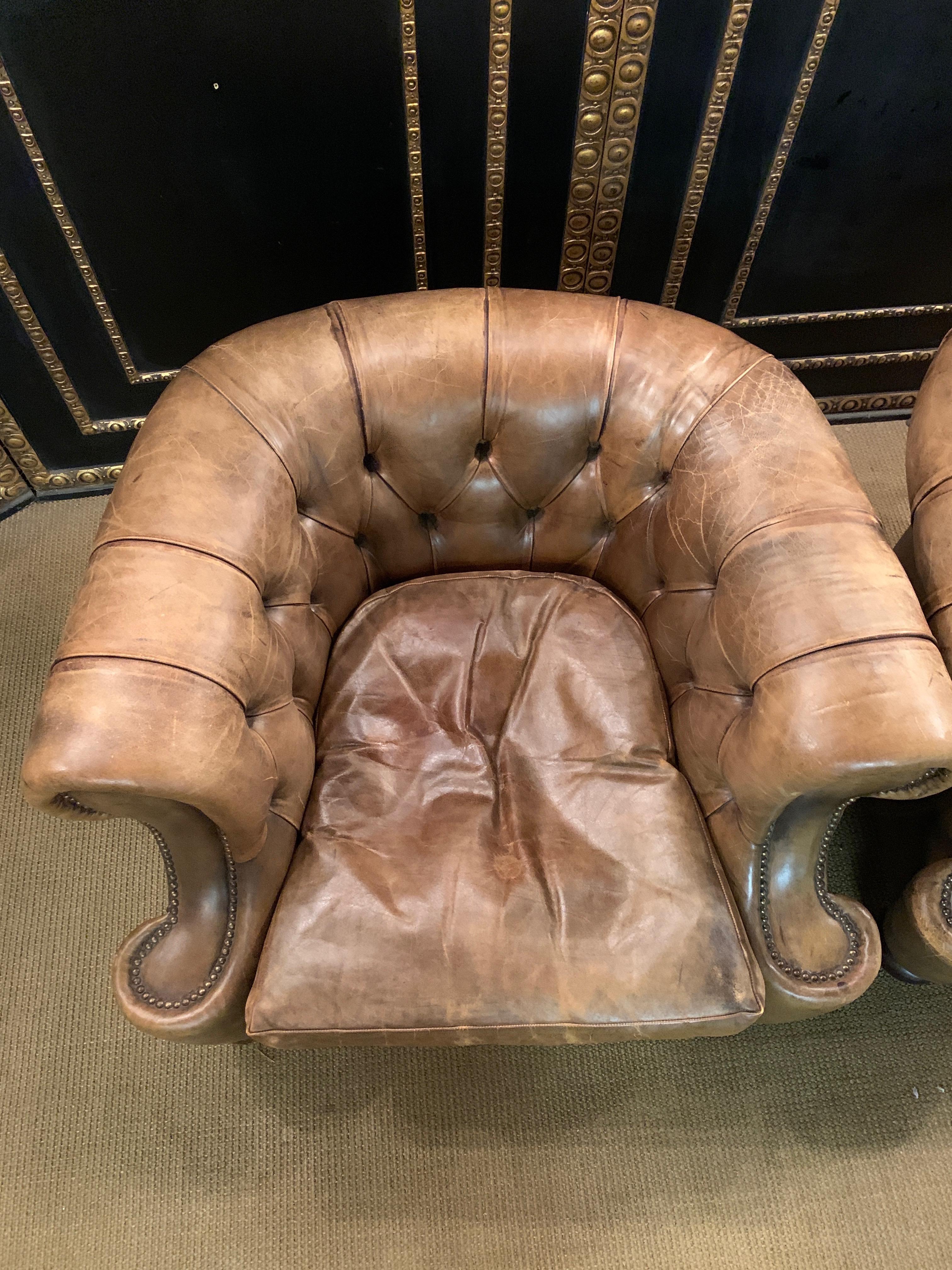Rare Pair of Antique Vintage Chesterfield Armchairs with Horsehair in Brown 2