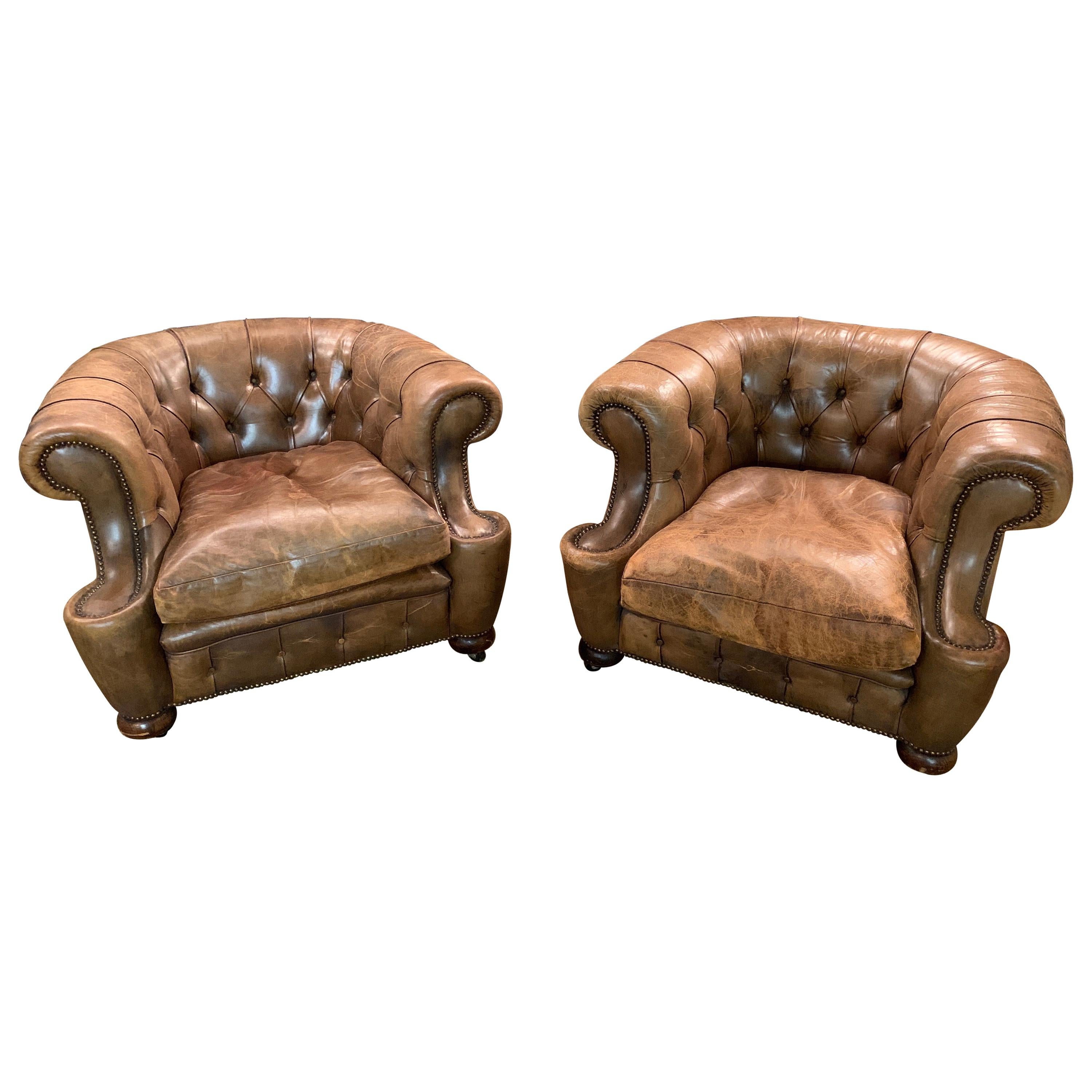 Rare Pair of Antique Vintage Chesterfield Armchairs with Horsehair in Brown