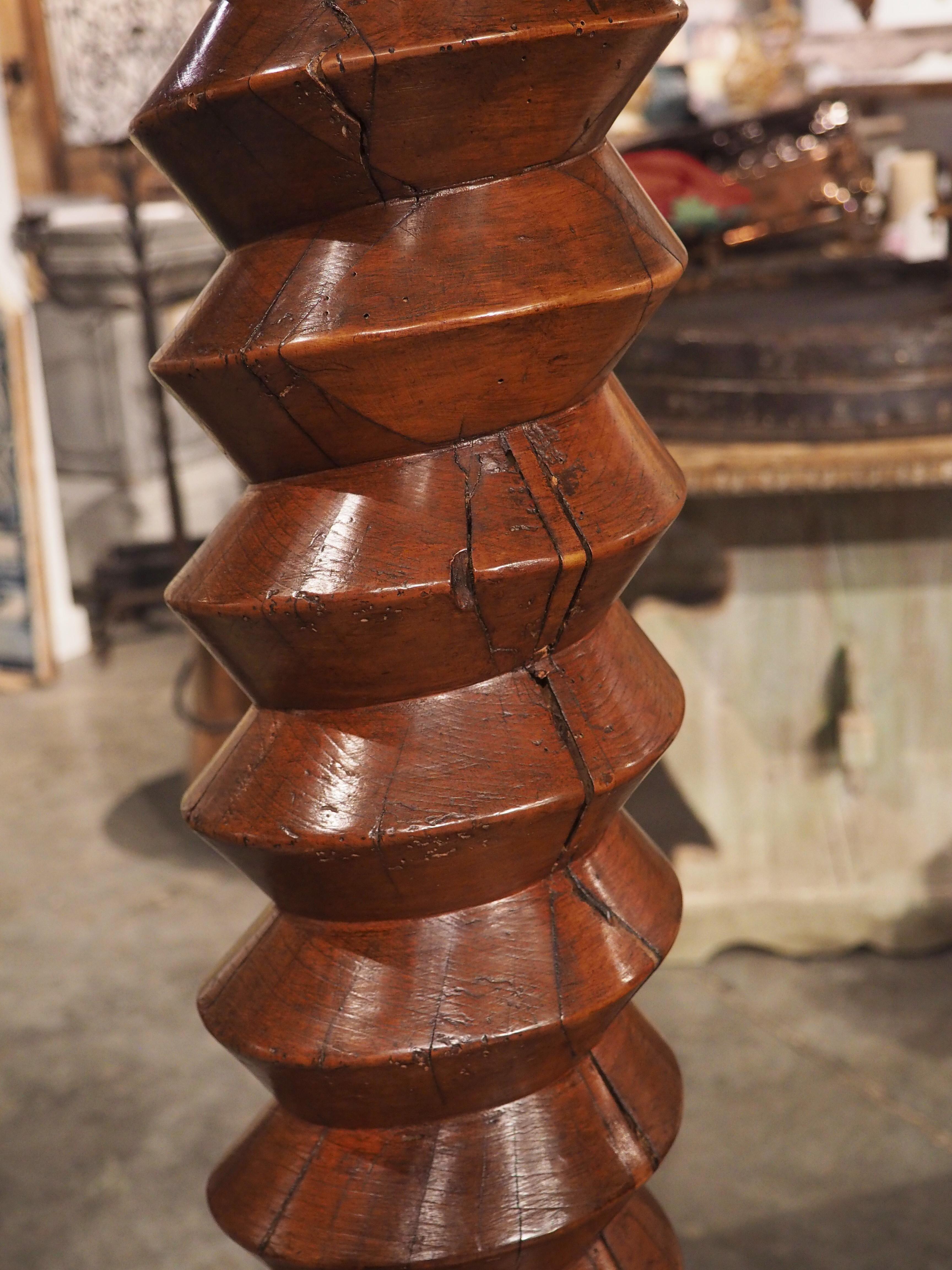 French Rare Pair of Antique Wine Press Screw Sellettes in Carved Walnut, circa 1850 For Sale