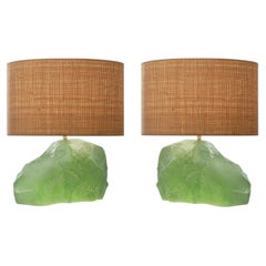 Rare pair of AQUA pate-de-verre table lamps by Nicolas Aubagnac, France, 2021