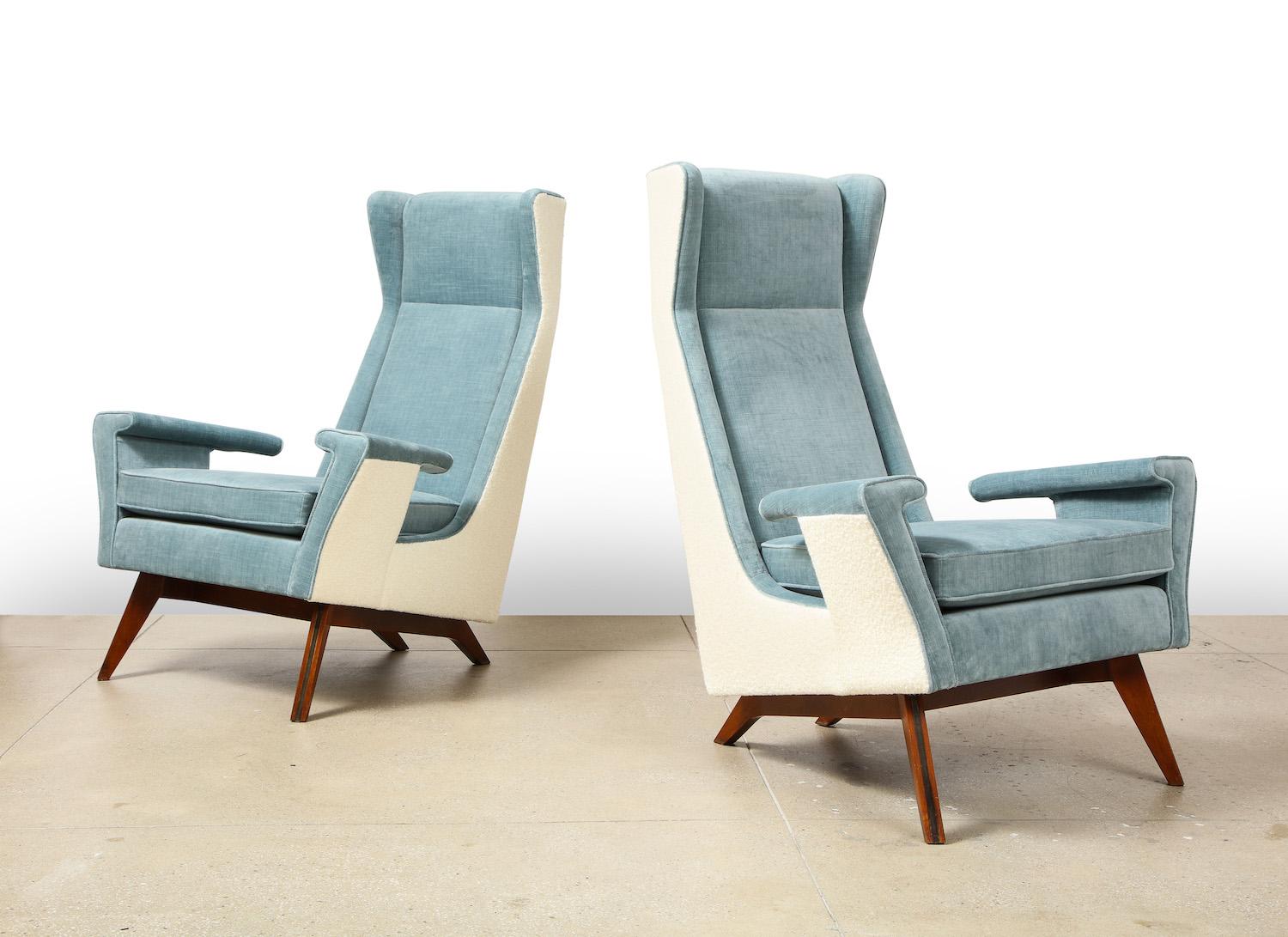 Upholstery, beech, enameled steel. Extravagant design of generous proportions and superb detailing. Levi-Montalcini was known to have only created furniture for a handful of his projects. Never mass produced and always custom made.