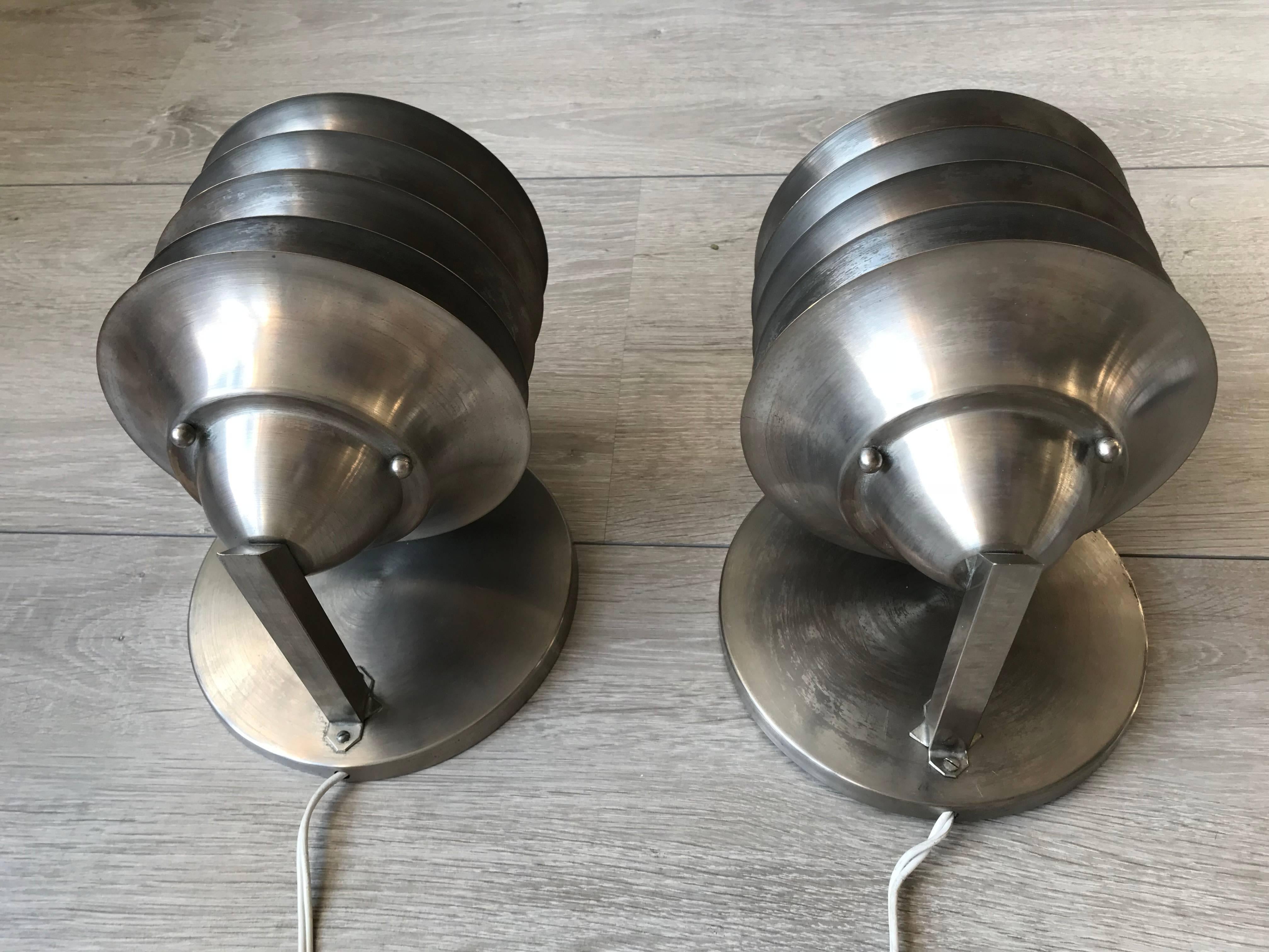 Hand-Crafted Rare Pair of Art Deco Bauhaus Style Chrome Metal Theather Design Wall Sconces