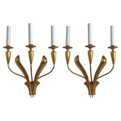 Rare paire d'appliques murales Art Deco en laiton par Gaetano Sciolari, Italie, années 1950