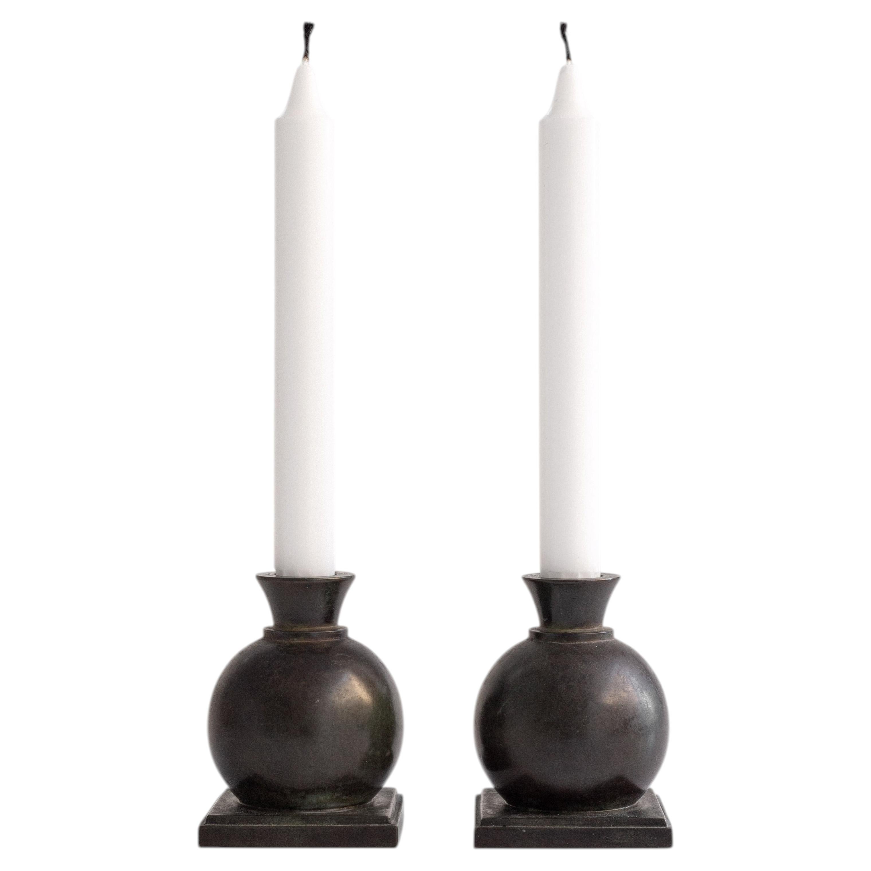 Rare Pair of Art Deco Bronze Candlesticks by GAB, Sweden, 1930s