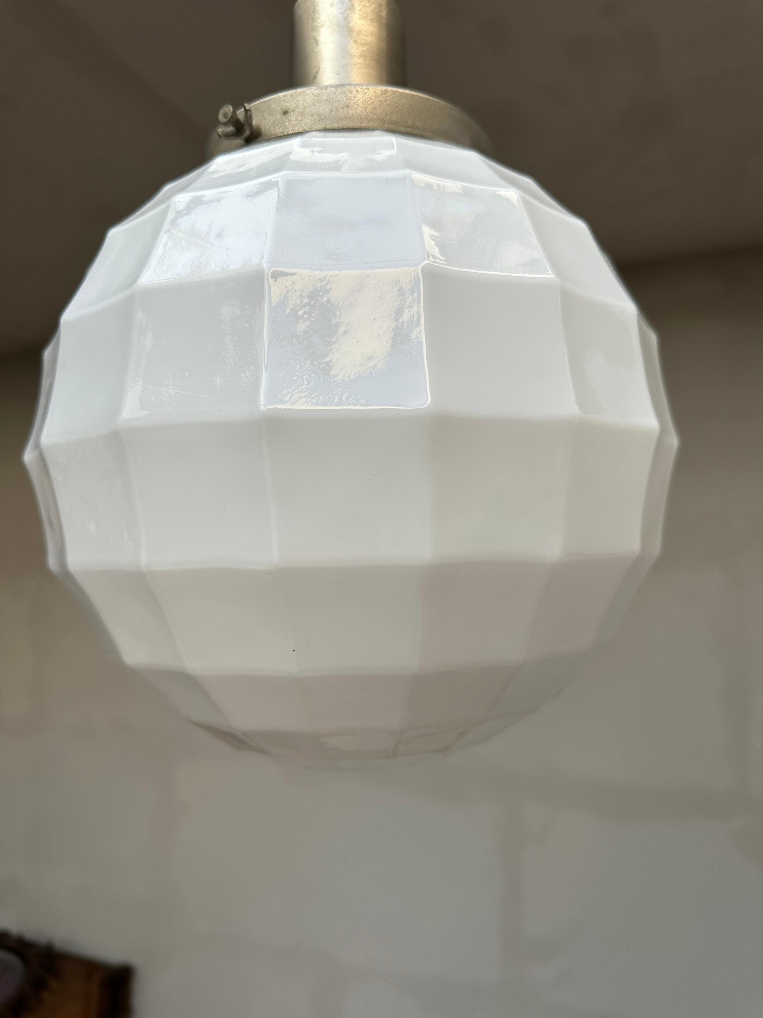 Rare Pair of Art Deco Era, Golf Ball Design Opaline Glass Pendant Lights Philips For Sale 4