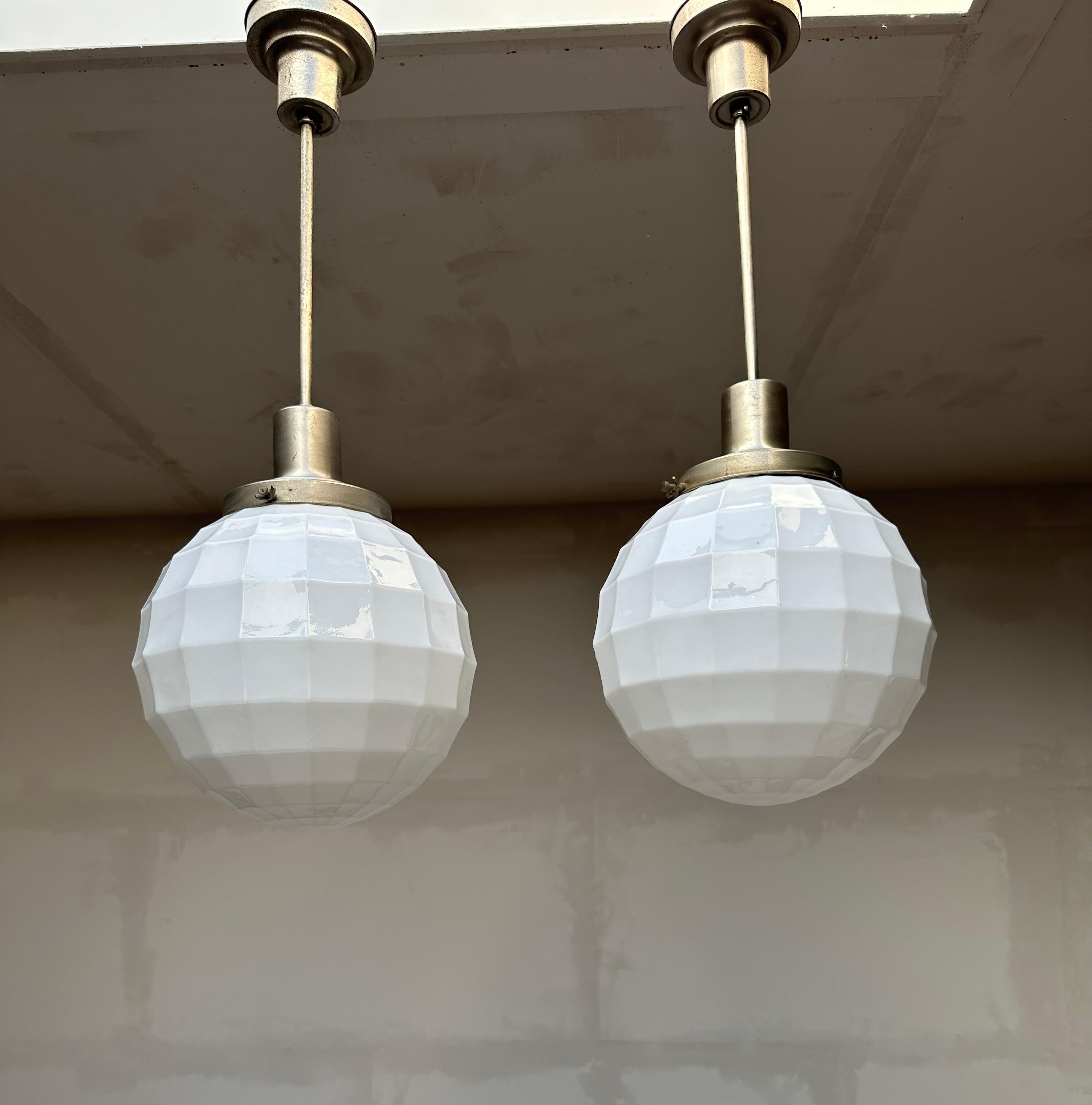 Rare Pair of Art Deco Era, Golf Ball Design Opaline Glass Pendant Lights Philips For Sale 6