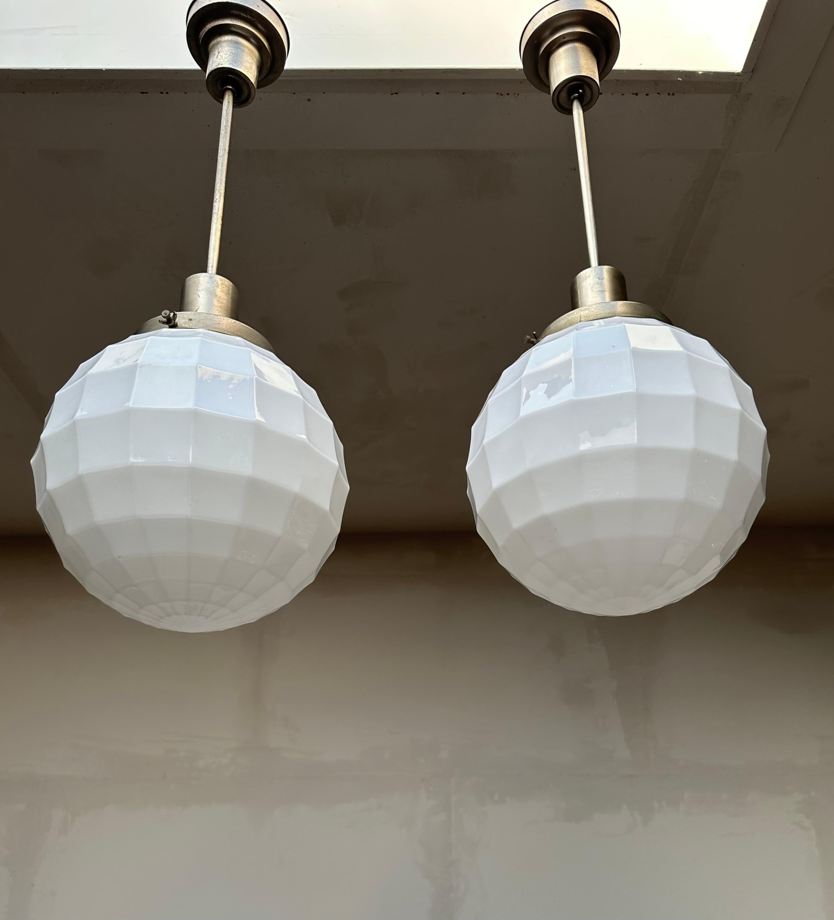 Rare Pair of Art Deco Era, Golf Ball Design Opaline Glass Pendant Lights Philips For Sale 8