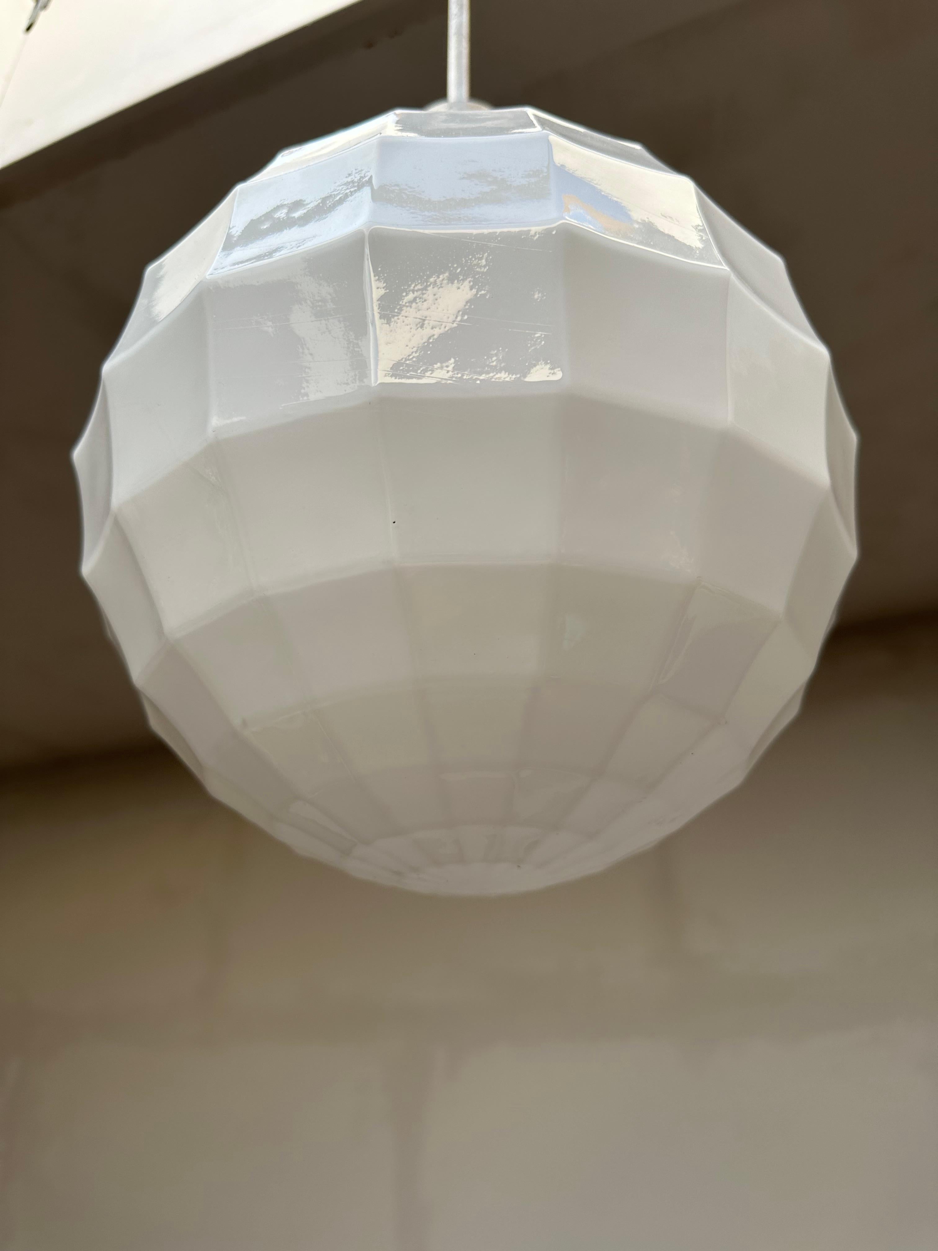 Rare Pair of Art Deco Era, Golf Ball Design Opaline Glass Pendant Lights Philips For Sale 9