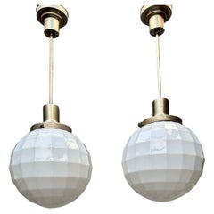 Rare Pair of Art Deco Era, Golf Ball Design Opaline Glass Pendant Lights Philips