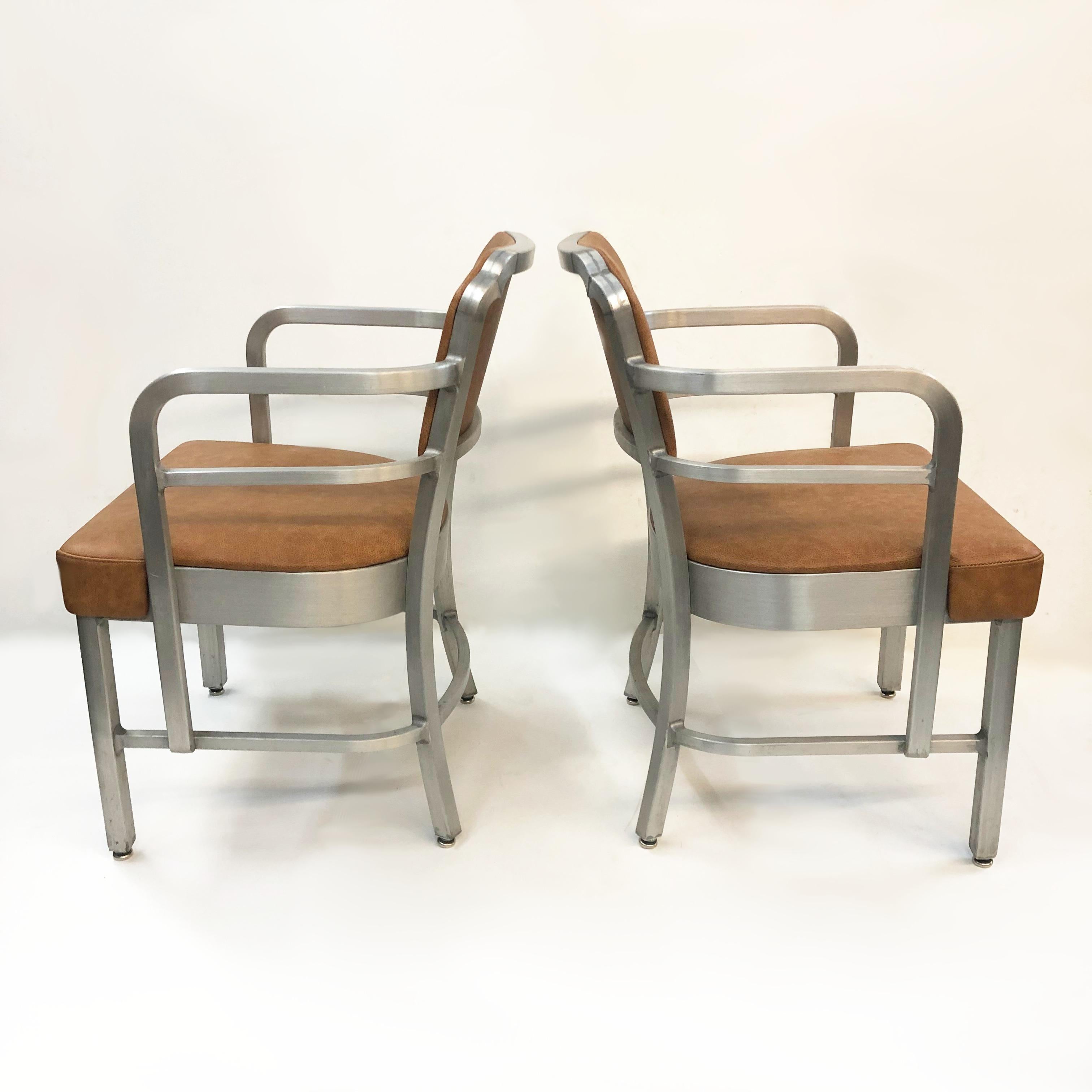 American Rare Pair of Art Deco Industrial Aluminum & Leather Club Arm Chairs by GoodForm For Sale