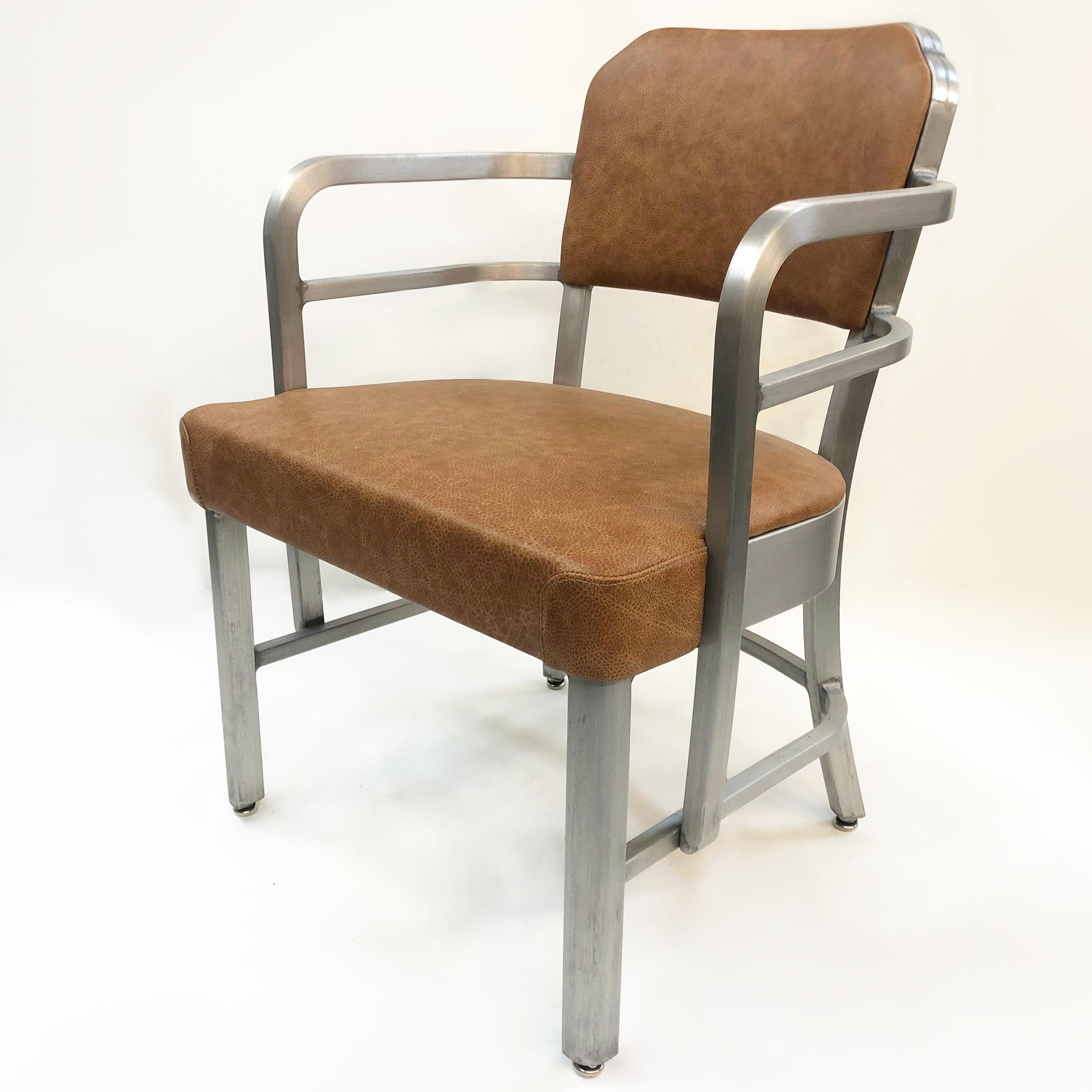 Rare Pair of Art Deco Industrial Aluminum & Leather Club Arm Chairs by GoodForm In Good Condition For Sale In Lafayette, IN