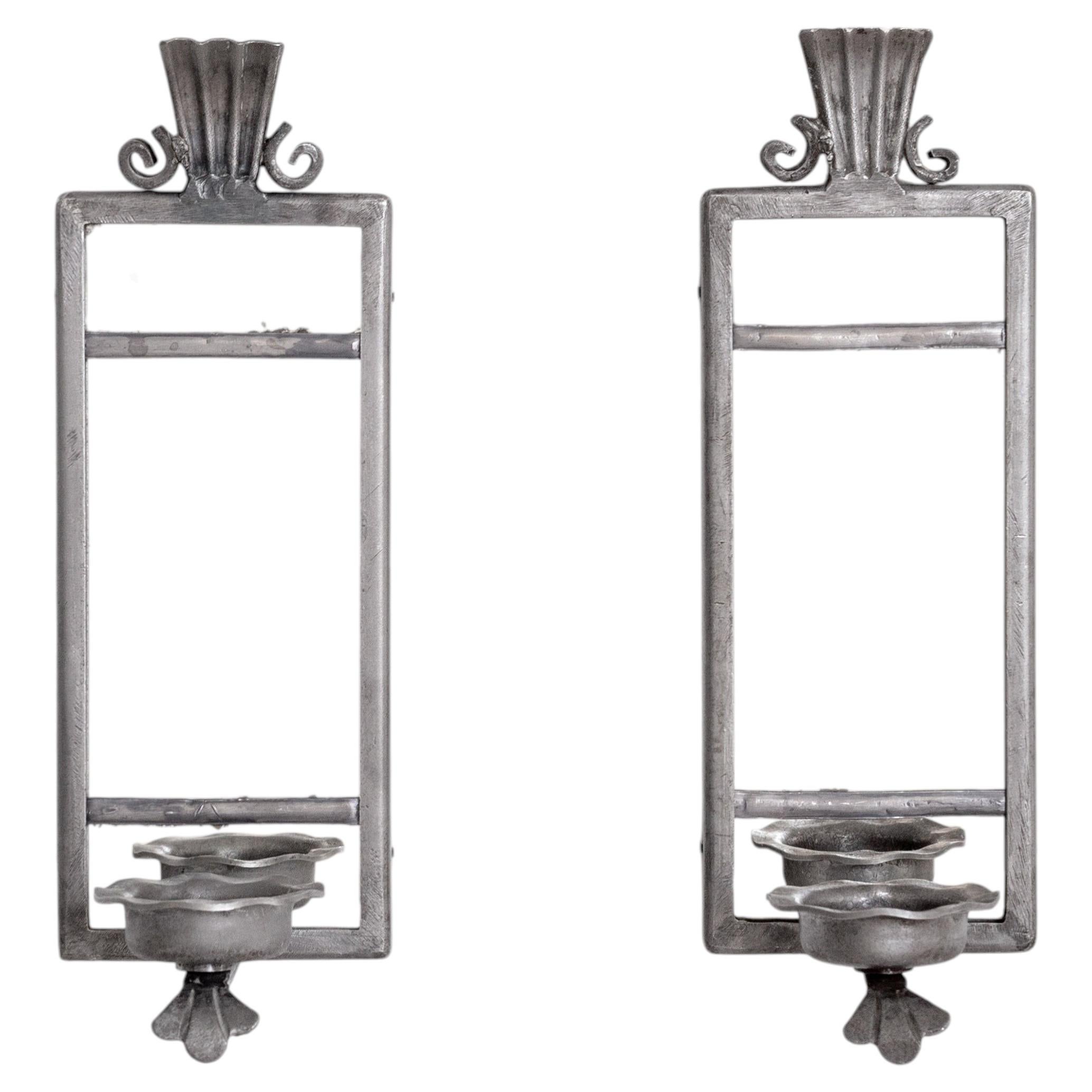 Rare Pair of Art Deco Pewter Candle Sconces by Böhlmarks, Sweden, 1930s For Sale