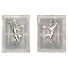 Rare Pair of Art Deco Sconces with Flappers in Frosted Glass and Polished Nickel