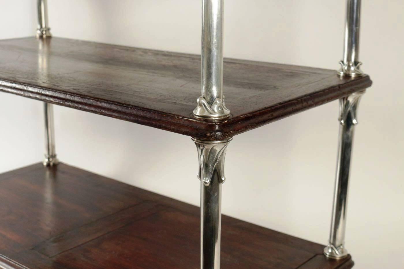 Rare Pair of Art Deco Serving Tables, Tainted Oak and Silver Plate Legs, France 5