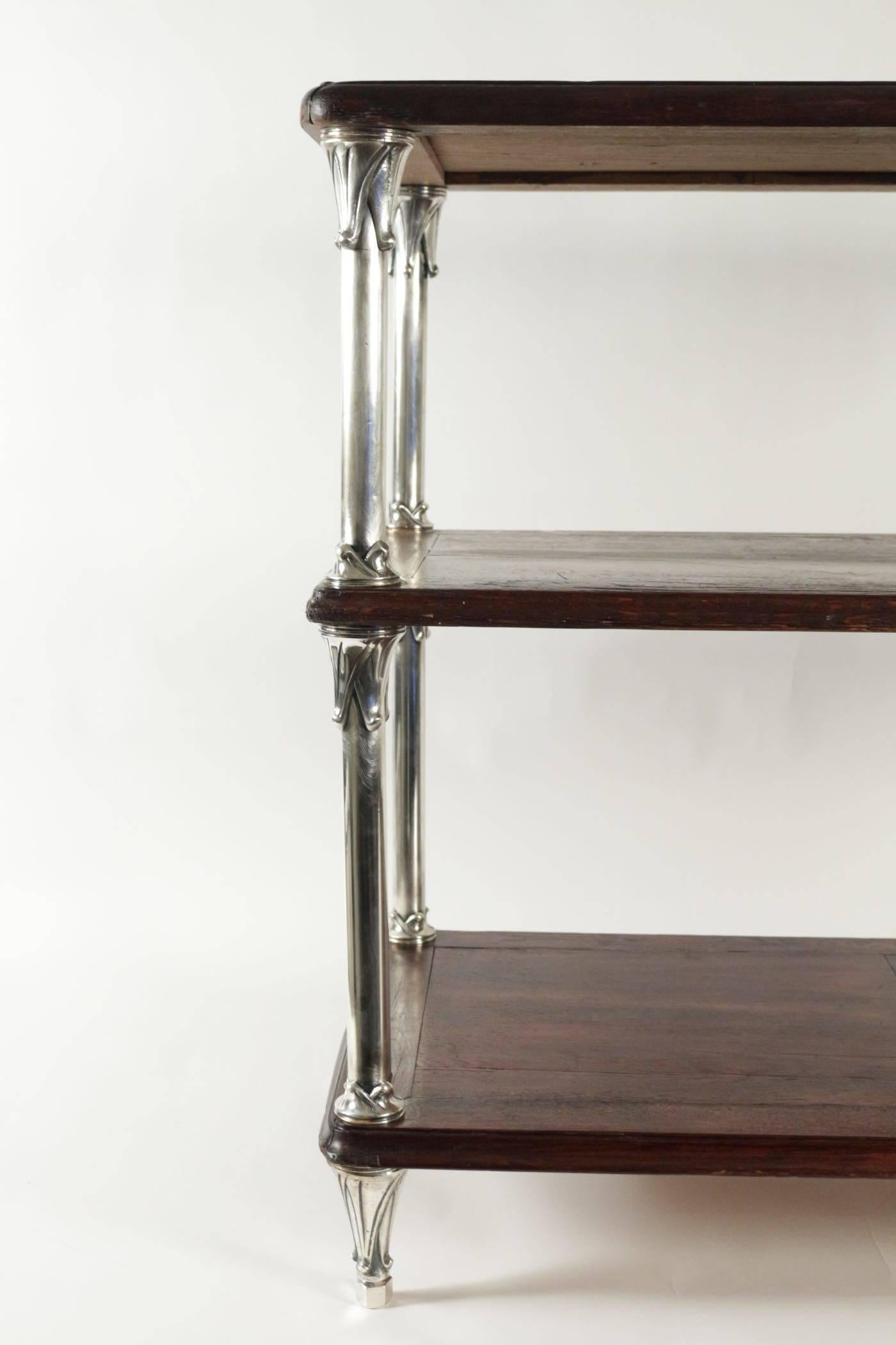 French Rare Pair of Art Deco Serving Tables, Tainted Oak and Silver Plate Legs, France