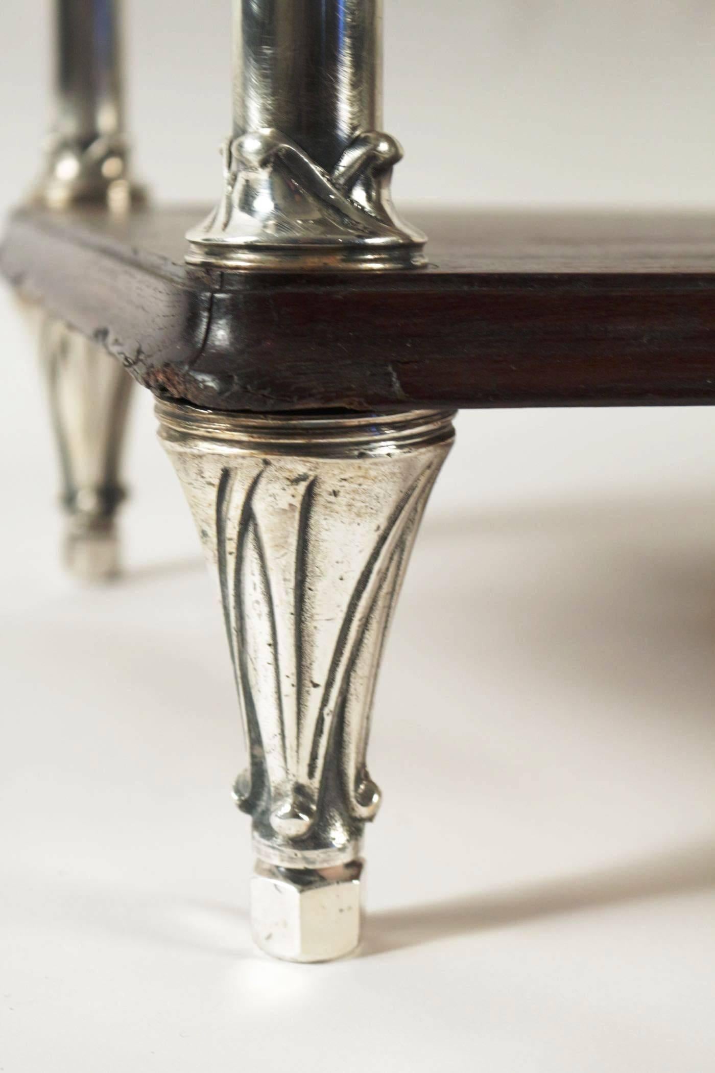 20th Century Rare Pair of Art Deco Serving Tables, Tainted Oak and Silver Plate Legs, France