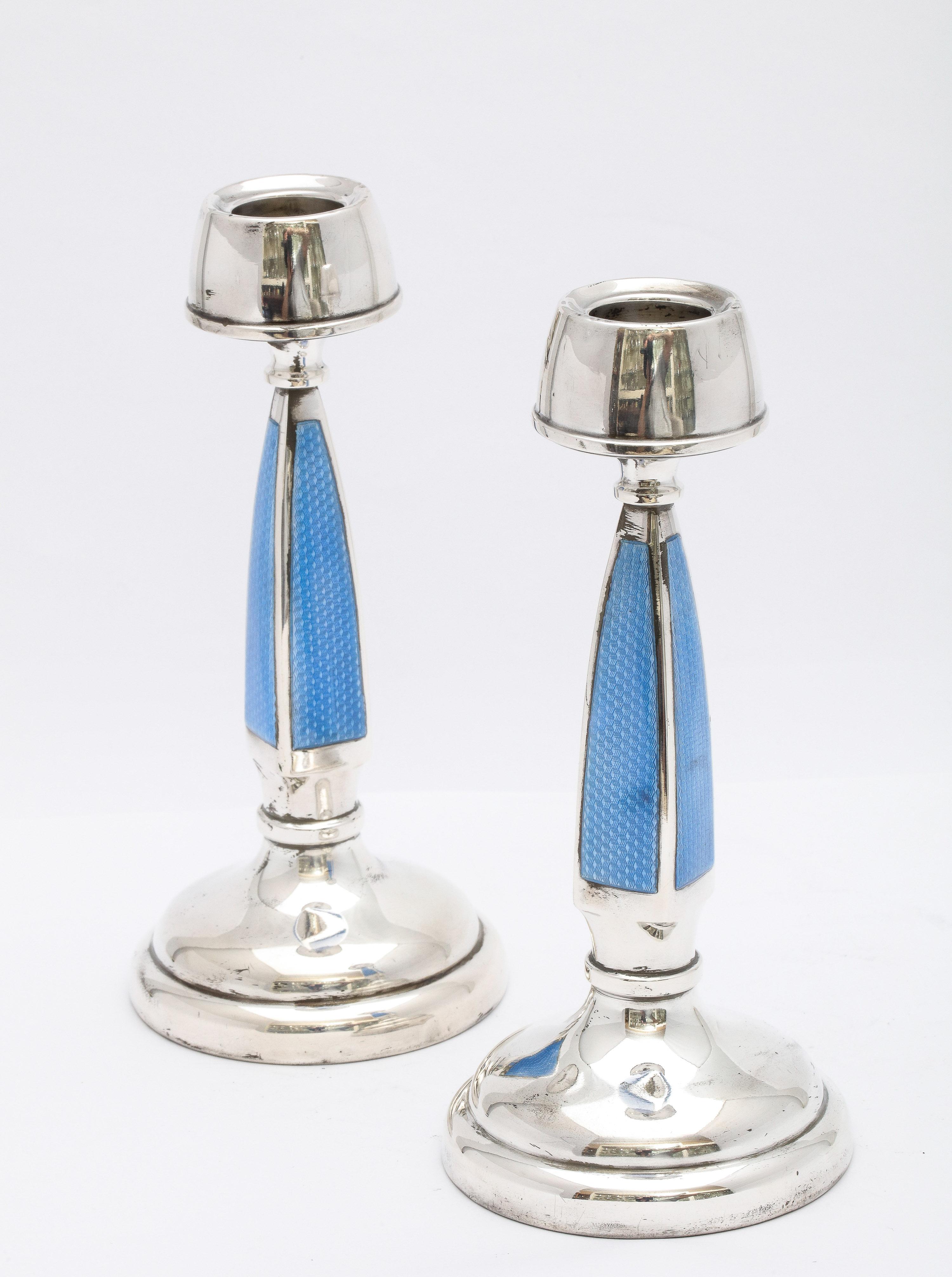 Rare Pair of Art Deco Sterling Silver and Blue Guilloche Enamel Candlesticks For Sale 10