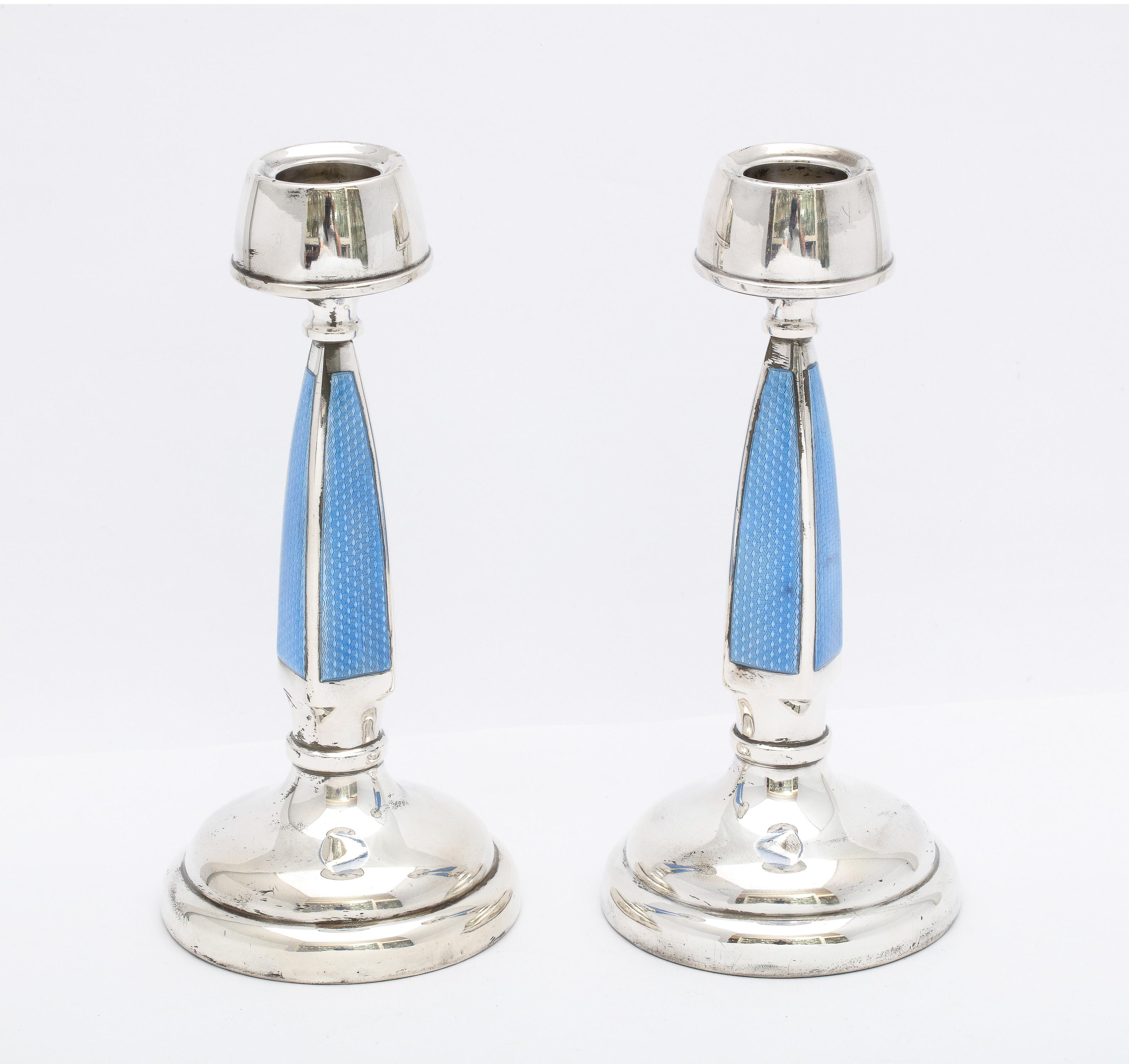 English Rare Pair of Art Deco Sterling Silver and Blue Guilloche Enamel Candlesticks For Sale