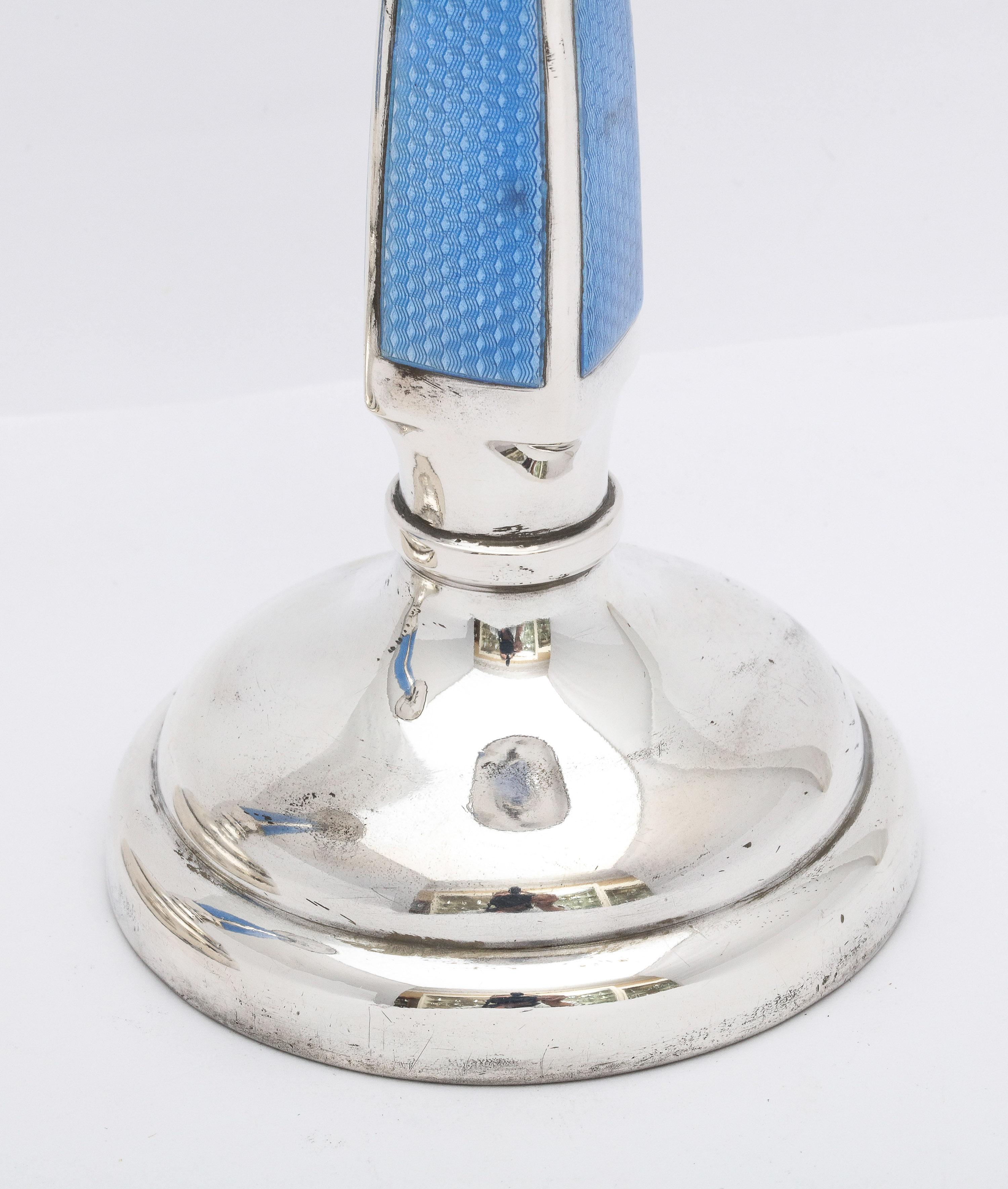Rare Pair of Art Deco Sterling Silver and Blue Guilloche Enamel Candlesticks For Sale 1