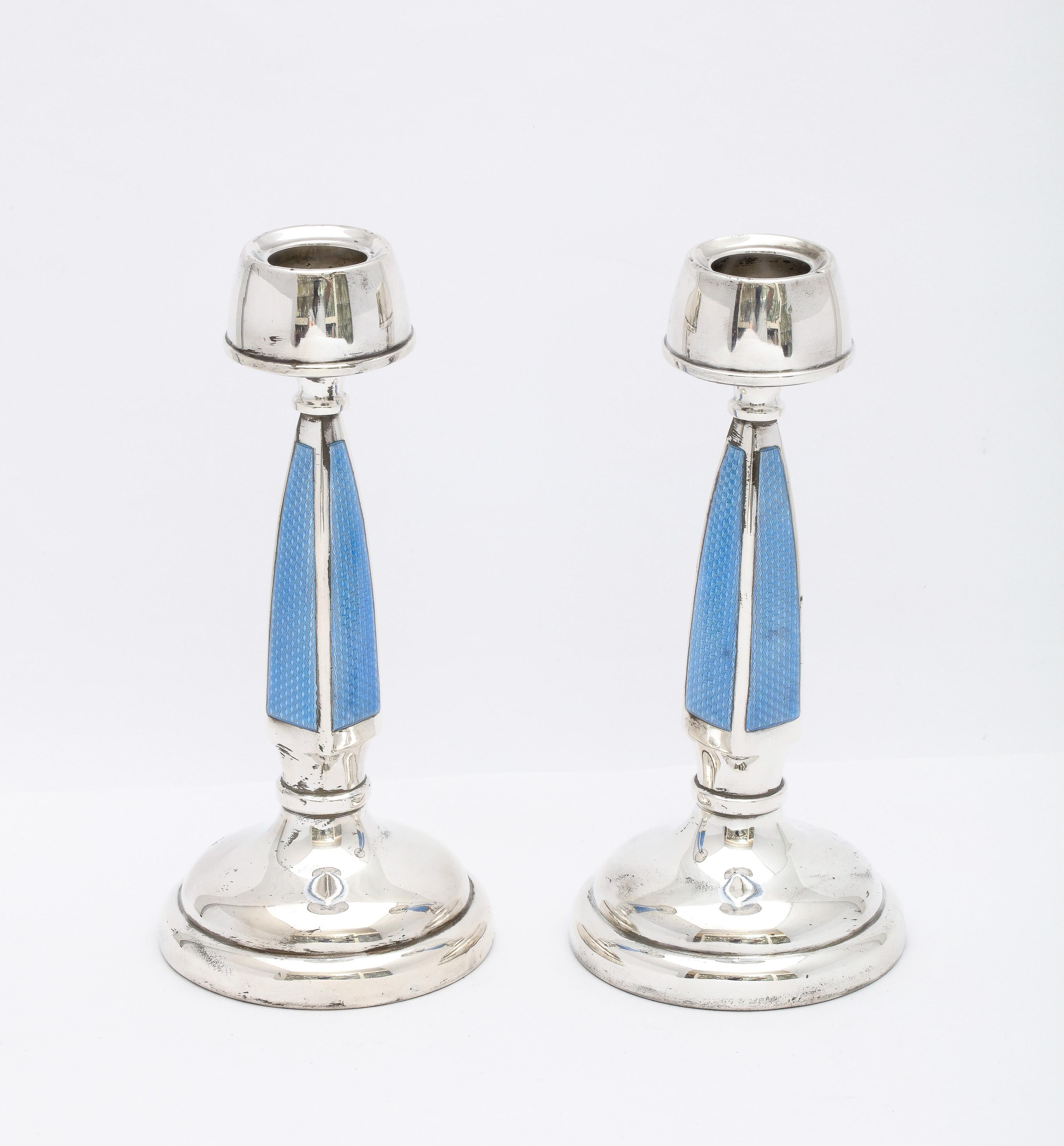 Rare Pair of Art Deco Sterling Silver and Blue Guilloche Enamel Candlesticks For Sale 2