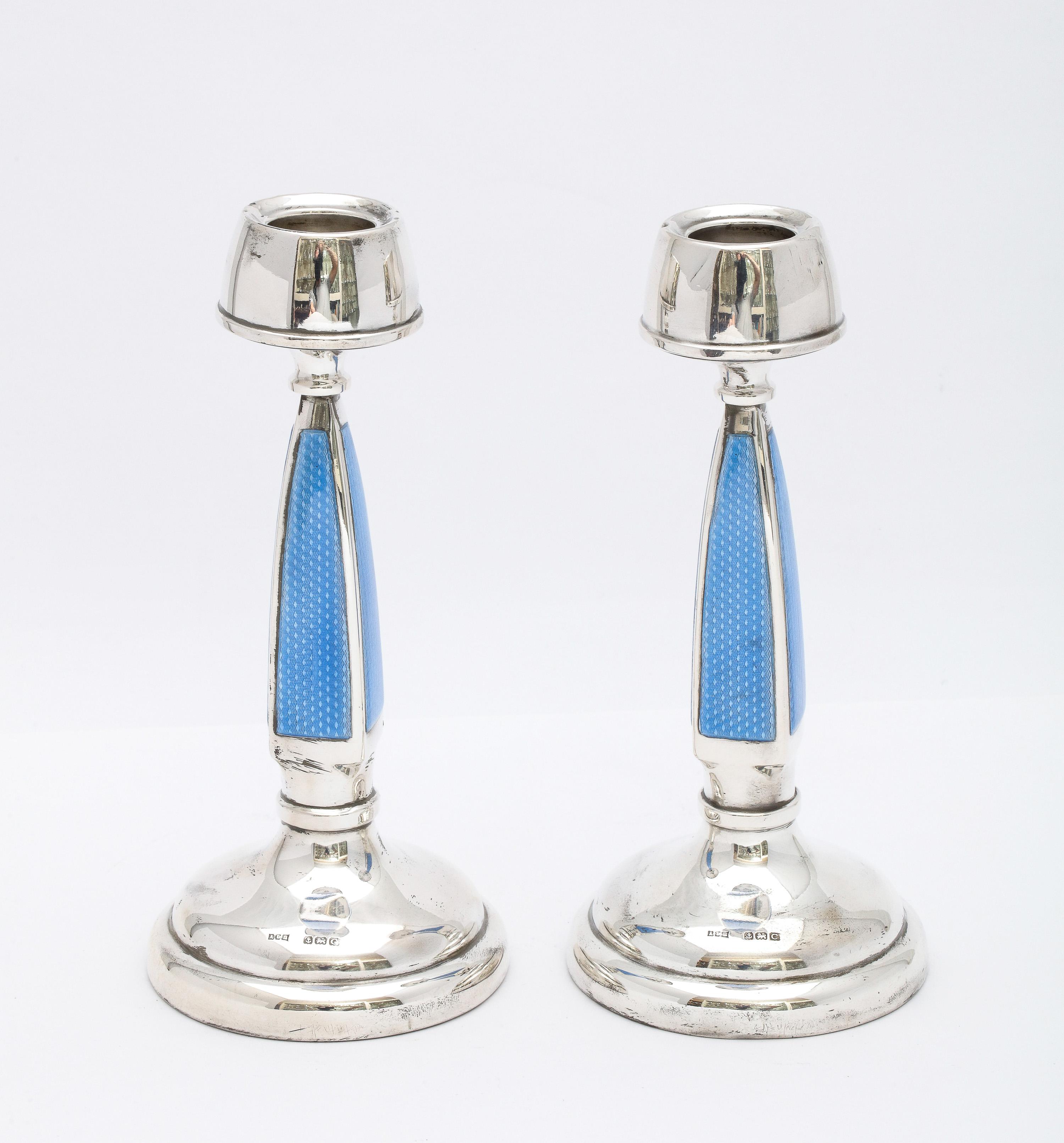 Rare Pair of Art Deco Sterling Silver and Blue Guilloche Enamel Candlesticks For Sale 3