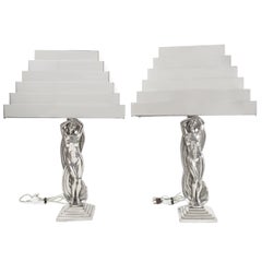 Rare Pair of Art Deco Stylized Figural Nickel Table Lamps, M. Bouraine, C 1930s