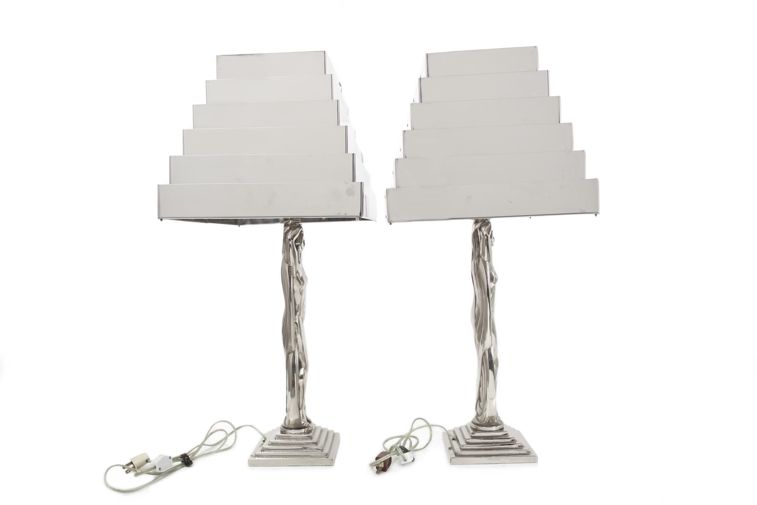 French Rare Pair of Art Deco Stylized Figural Nickel Table Lamps, M. Bouraine, C 1930s