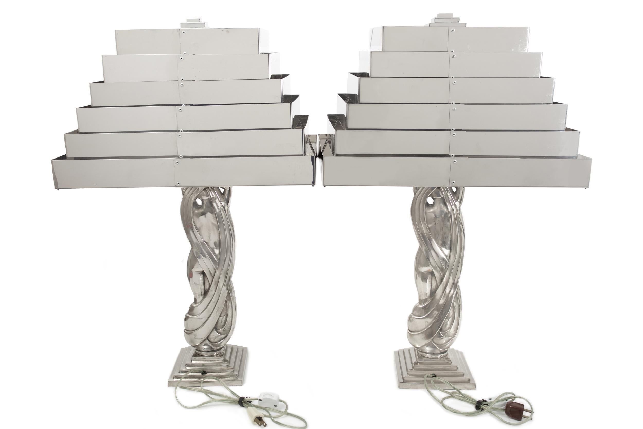 Plated Rare Pair of Art Deco Stylized Figural Nickel Table Lamps, M. Bouraine, C 1930s