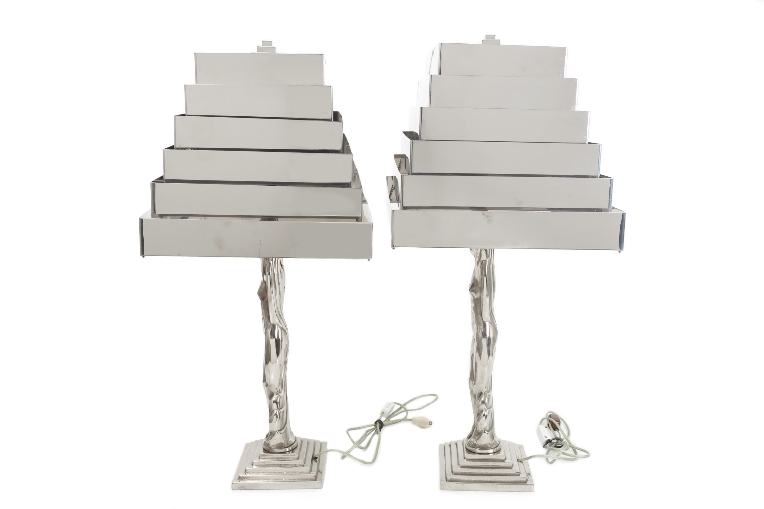 Rare Pair of Art Deco Stylized Figural Nickel Table Lamps, M. Bouraine, C 1930s In Good Condition In Shippensburg, PA